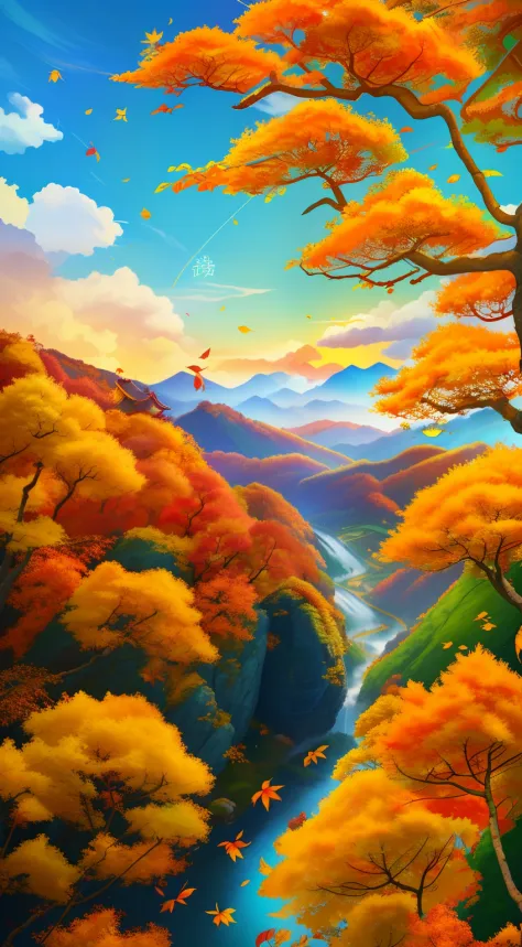 autumnal，Chinese solar terms poster，autumnal，Yellow leaves，fall leaves，mont，Foliage，Autumn landscape，Twenty solar terms，Traditional Chinese solar terms，autumnal，tmasterpiece、8K ，Faraway view，balmy autumn day，with blue sky and white clouds，Alpine streams
