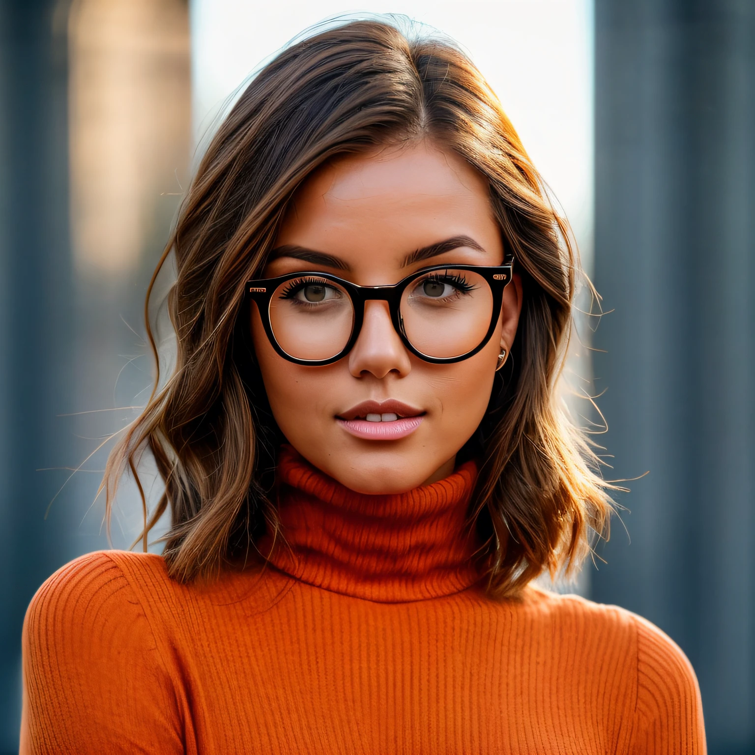 A closeup of model nicola cavanis, (solo) (1girl), face focus, curvy instagram model, beautiful cute face, fcoy expression, realistic skin, thick rimmed glasses, orange turtleneck, black bob haircut, graveyard, ultra detailed, high resolution, masterpiece, best quality, detailed background