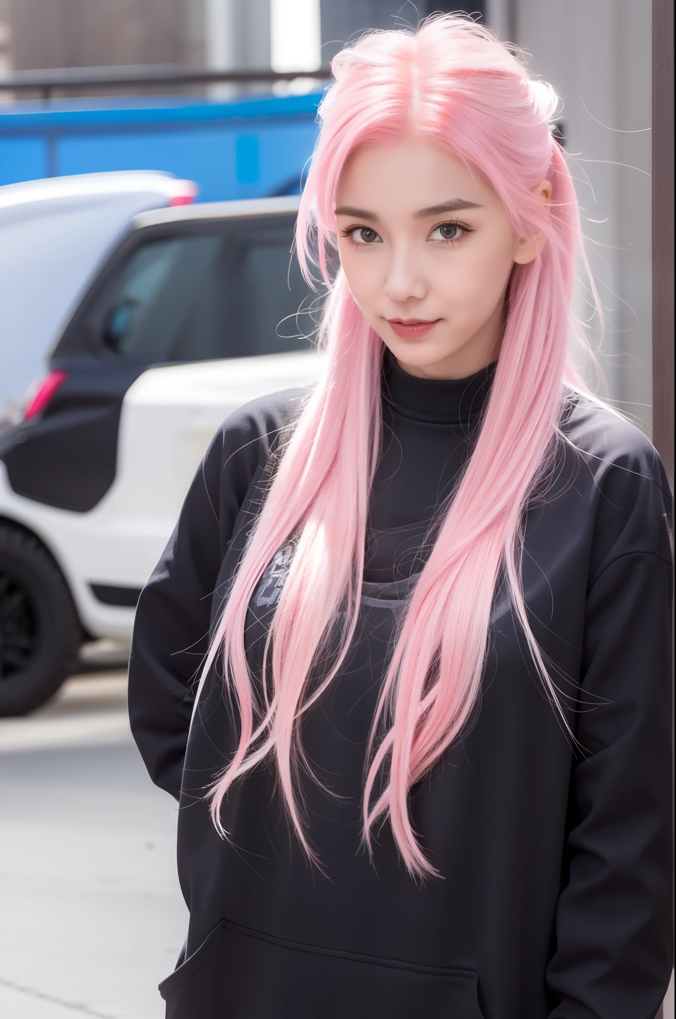 Menina com cabelo rosa， olha para a câmera，alta qualidade