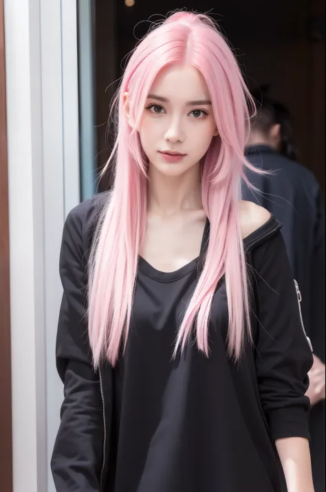 Girl with pink hair， looks into camera，high qulity
