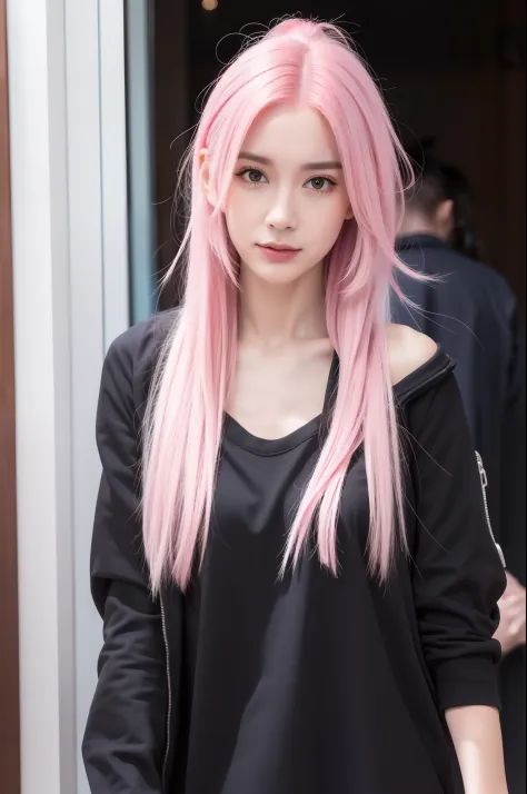 Girl with pink hair， looks into camera，high qulity