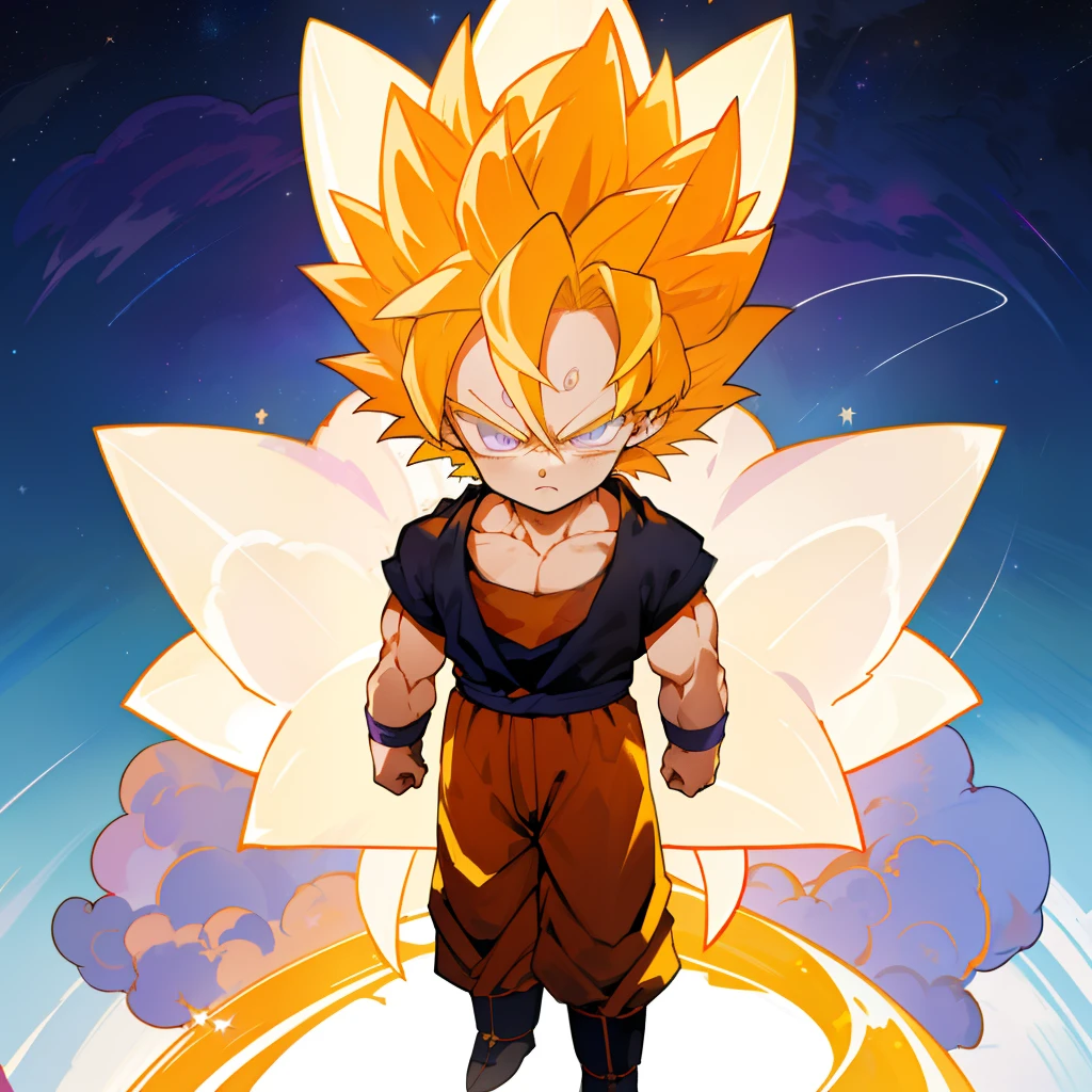 son goku, super saiyan, yellow hair, standing pose, yellow aura, masterpiece, best quality, illustration, Hair standing upright: 1.5,
game icon institute,blue and purple  eyes,
cloud, sky, space, star_\(sky\), starry_sky,