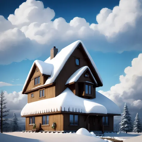 A house made of snow placed in the sky between clouds