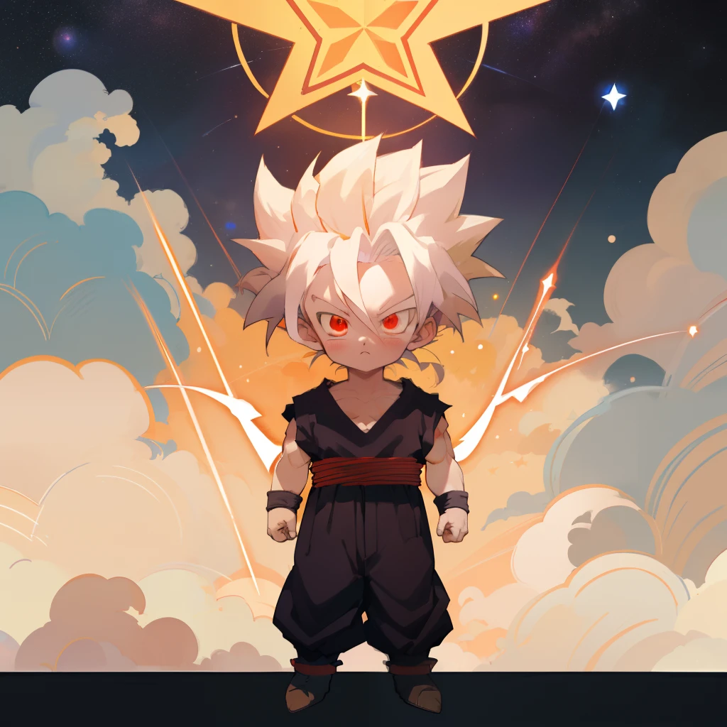 filho gohan, Super Saiyajin, cabelo branco, pose em pé, aura amarela, obra de arte, melhor qualidade, ilustração, Cabelo em pé: 1.5,
instituto de ícones de jogos, olhos vermelhos,
Nuvem, céu, espaço, star_\(céu\), estrelado_céu,