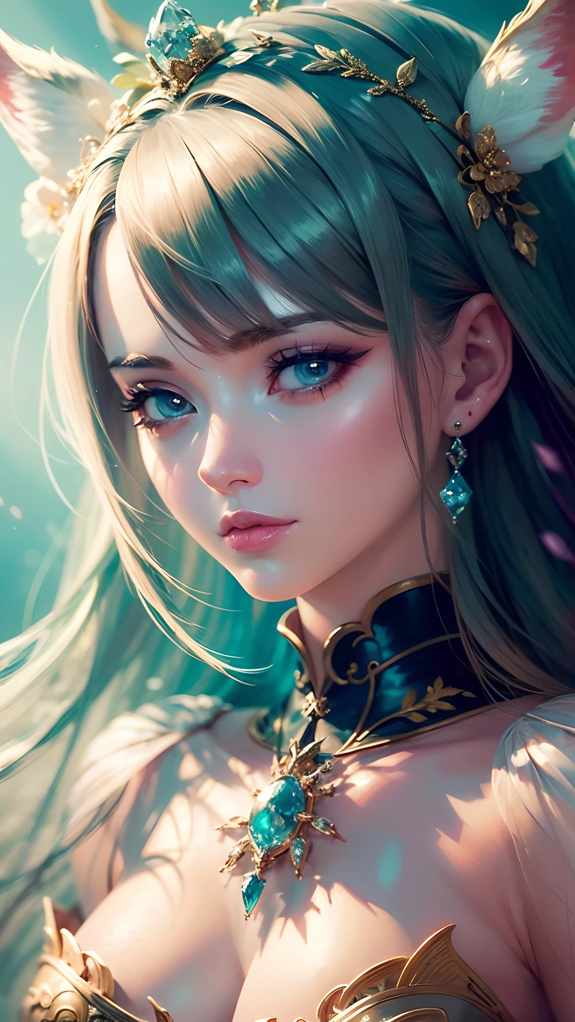 +artgerm+artstation+cygames+yostar+Final Fantasy, an ethereal young female human, billowing shimmering shine fiber optic hair, real porcelain skin, cinematic close up portrait, ultra detailed anime symmetrical real big eyes, goddess, rich detail, full 3d, queen of the spring, fantasy, dynamic composition, cinematic rim light, shine back light, 8k, luxury --auto --s2