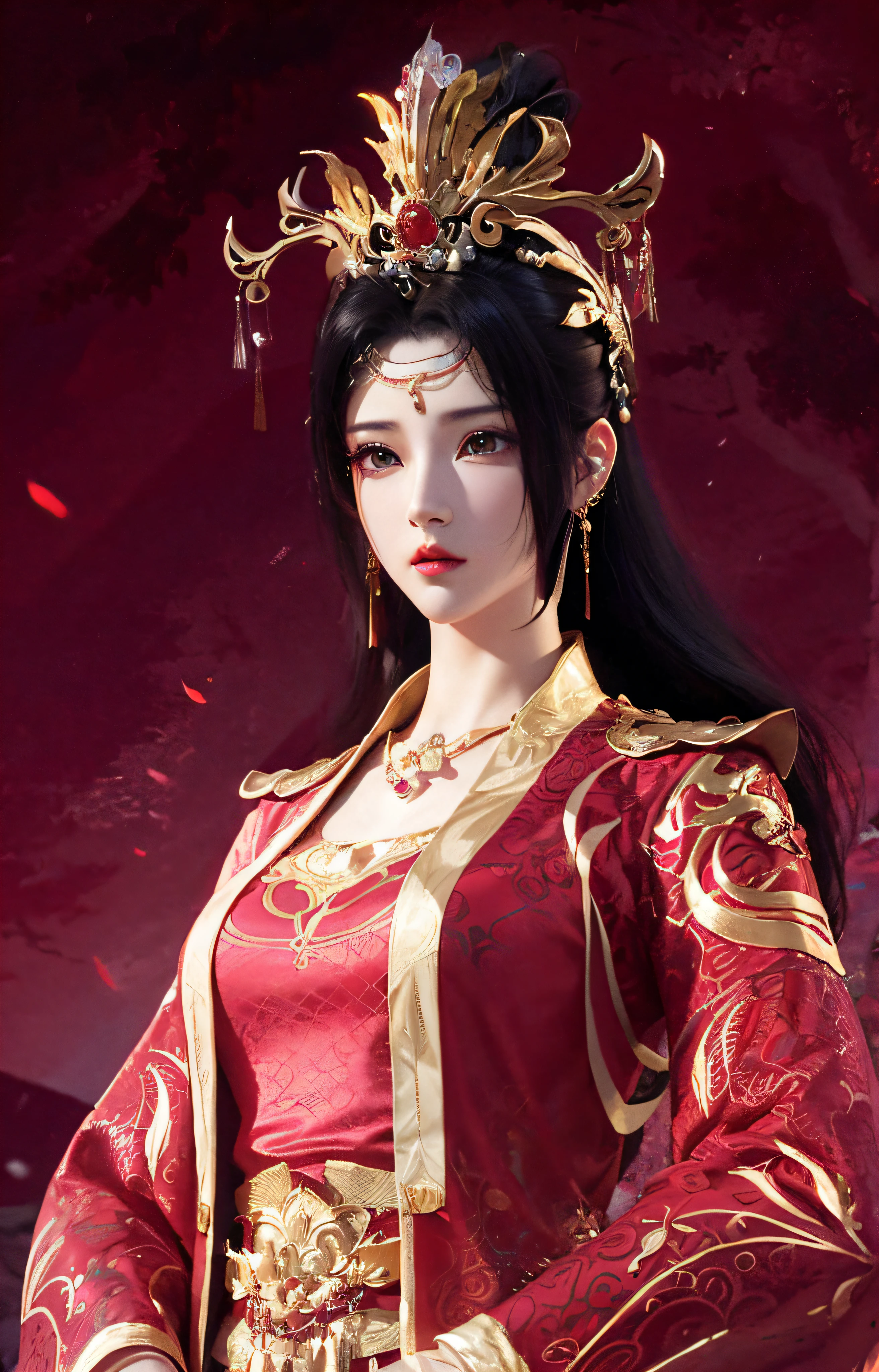 Close-up of a woman in a red dress and gold jewelry，Royal Sister，Superb beauty，a queen，Beautiful and elegant queen, portrait of a queen,  Xianxia, a beautiful fantasy empress, xianxia fantasy, Beautiful young wind spirit, inspired by Li Mei-shu, ((a beautiful fantasy empress)), xianxia hero, 3 d anime realistic, full-body xianxia, Smooth anime CG art