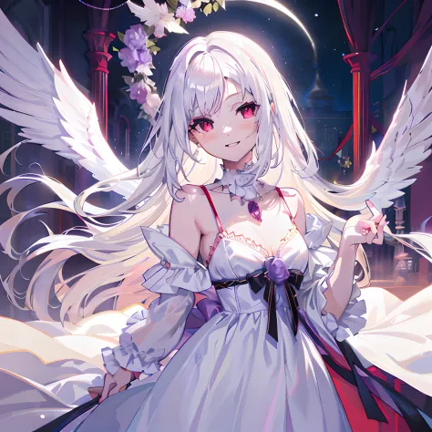 (tmasterpiece，HighestQuali)，one-girl，White-haired god，（white dresses，Angel wings，corolla, Red eyes，Purple necklace），perfect bodies，The upper part of the body，looking at viewert，ssmile，inside a palace，mistic，aethereal，adolable，nightcore