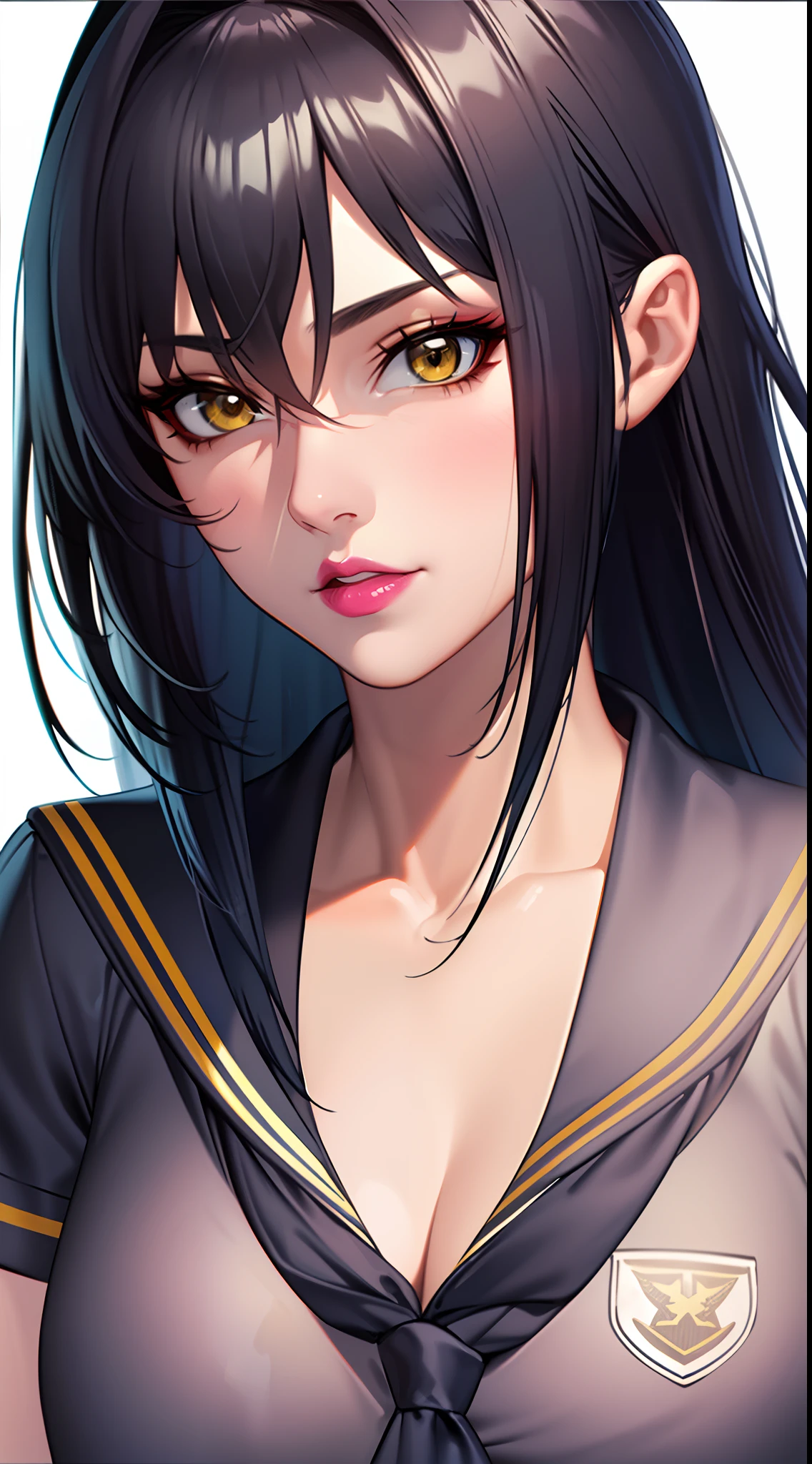 (solo:1.4), female mature, black hair, long hair, yellow eyes, large breasts, (((school uniform:1.4))), cleavage, professional artwork, Intricate Details, ((plain white background)), sharp focus, detailed painting, makeup, eyeshadow, lipstick, ultra detailed makeup, ultra detailed eyeshadow, ultra detailed lipstick, (half body shot:1.4)