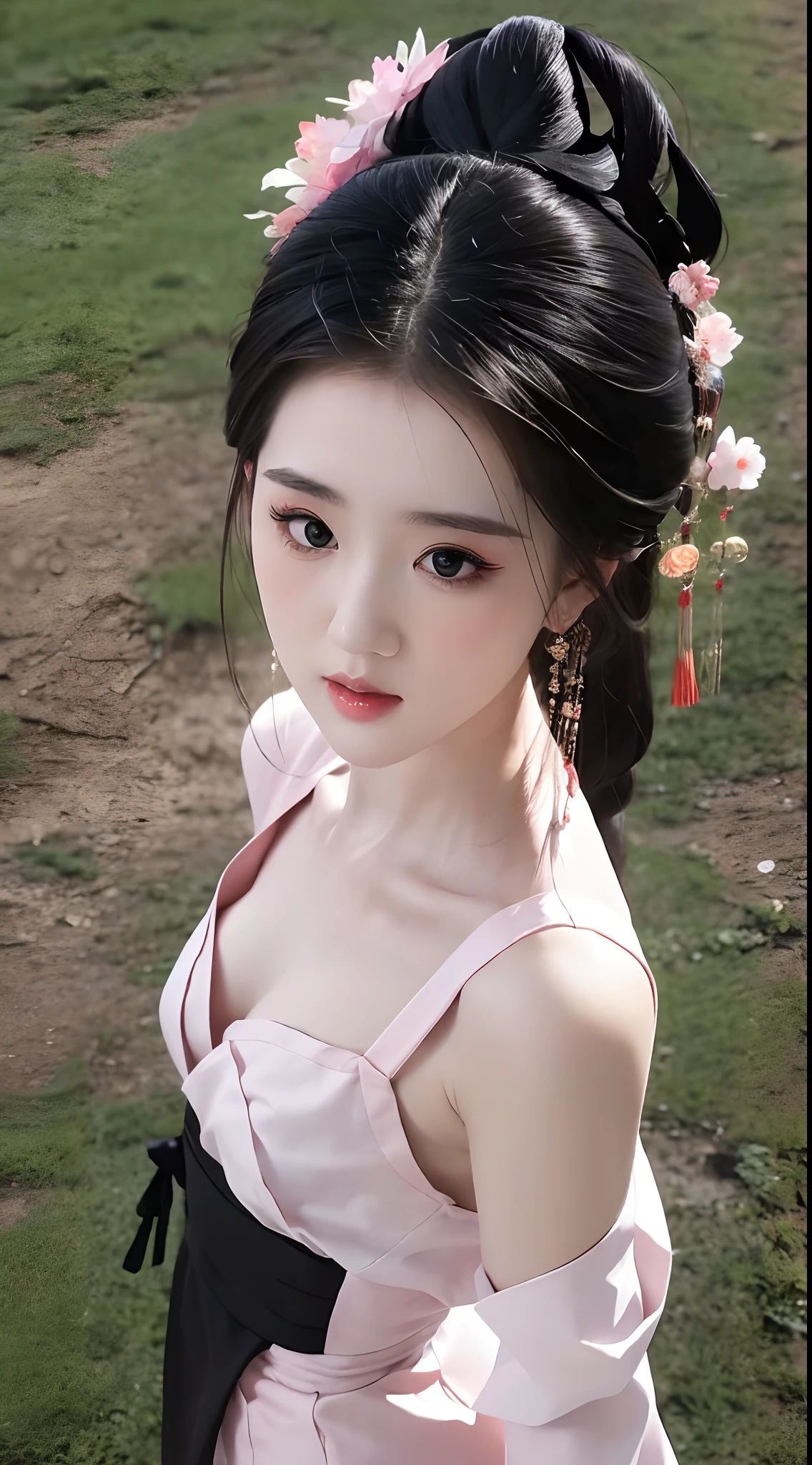 1 beautiful girl, long black hair, black eyes, Ancient Chinese style bun, wearing a thin silk shirt of ancient China, appears shoulders and head in the photo, (pout, embarrassed, small face makeup detailed and very beautiful, blush, from front, from above, looking at viewer, upturned eyes, cleavage, masterpiece, top quality, best quality, official art, unity 8k wallpaper, highres, ultra-high res, ultra-detailed, (photorealistic:1.2), alone, solo, Only 1 girl,