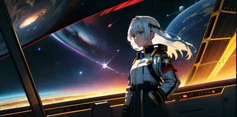 girl standing on a space command ship，a slight smil，space in the distance is still fighting，a nearby exploding star gradually co...