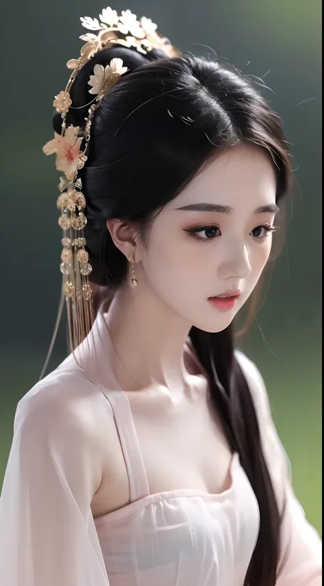 1 beautiful girl, long black hair, black eyes, Ancient Chinese style bun, wearing a thin silk shirt of ancient China, appears sh...