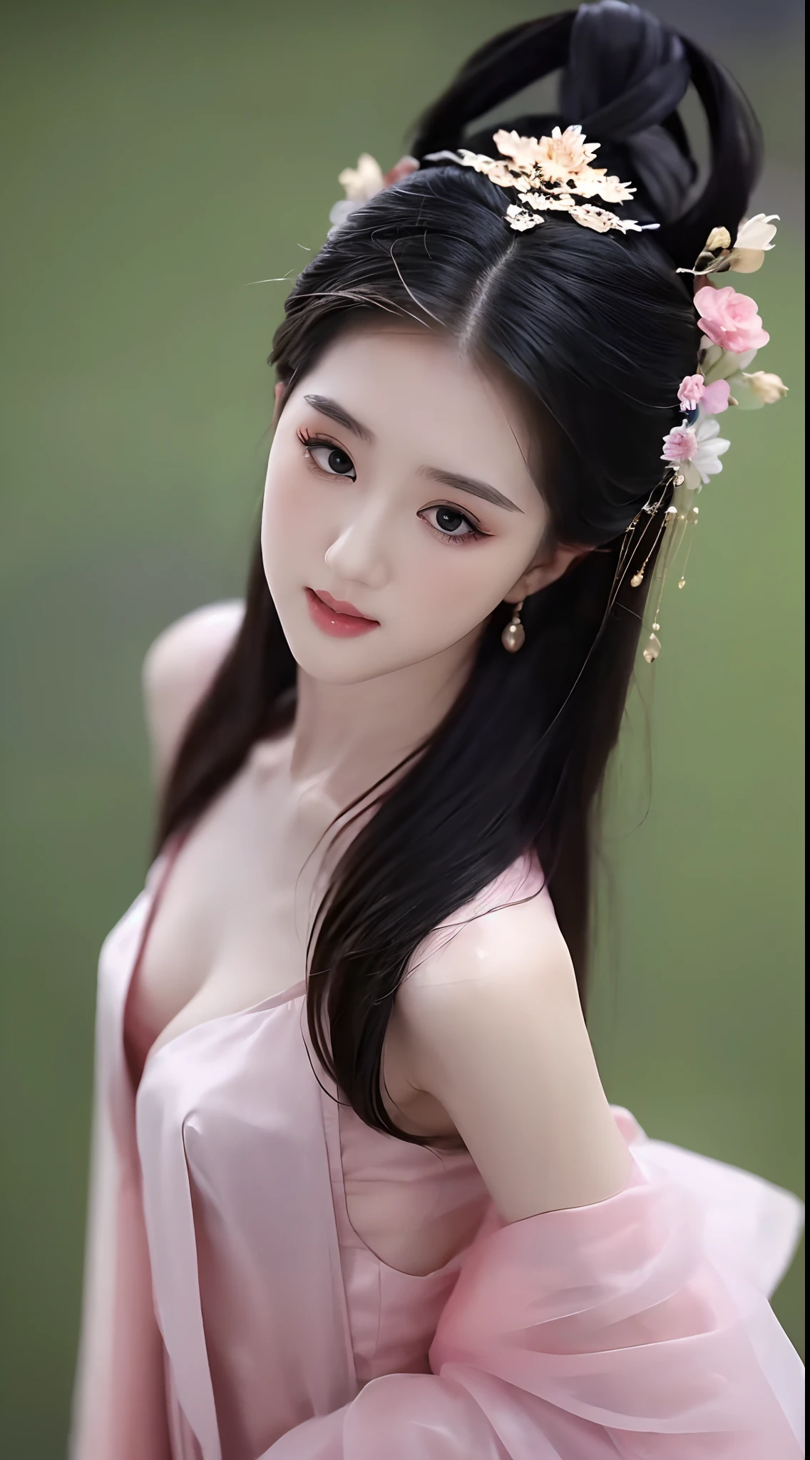 1 beautiful girl, long black hair, black eyes, Ancient Chinese style bun, wearing a thin silk shirt of ancient China, appears shoulders and head in the photo, (pout, embarrassed, small face makeup detailed and very beautiful, Enlarged breasts, regular round breasts, breast augmentation, balanced breasts, blush, from front, from above, looking at viewer, upturned eyes, cleavage, masterpiece, top quality, best quality, official art, unity 8k wallpaper, highres, ultra-high res, ultra-detailed, (photorealistic:1.2), alone, solo, Only 1 girl,