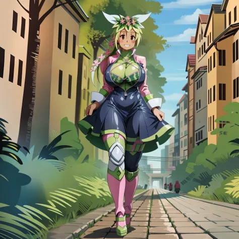 kanna blaster master, flora fauna, female,, huge chest, full clothed dress, walking, full body, smile