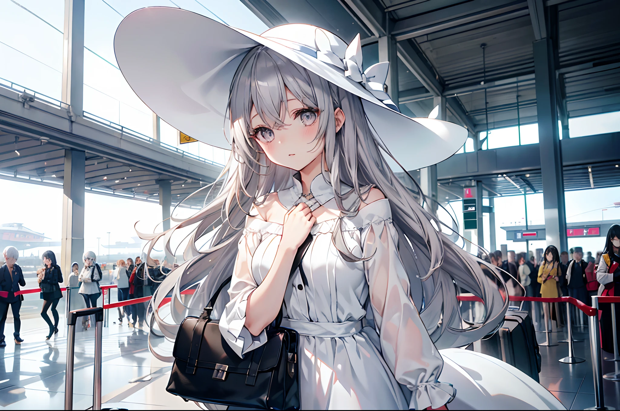 【Highest Quality, masutepiece】, (girl, White dress, gray ash hair, silver eyes, large hat, long waved hair, detailed eyes, detail hand, large Carry Bag), (airport, depth of field)