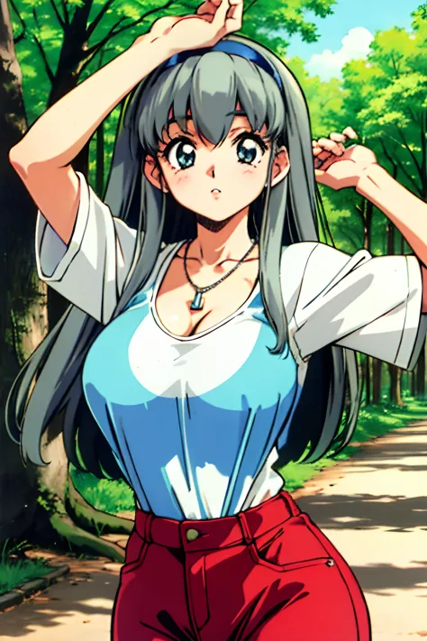 retro artstyle, 1990s (style), 1girl, solo, long hair, breasts,   grey hair, hairband,   necklace, arm up,  large trees