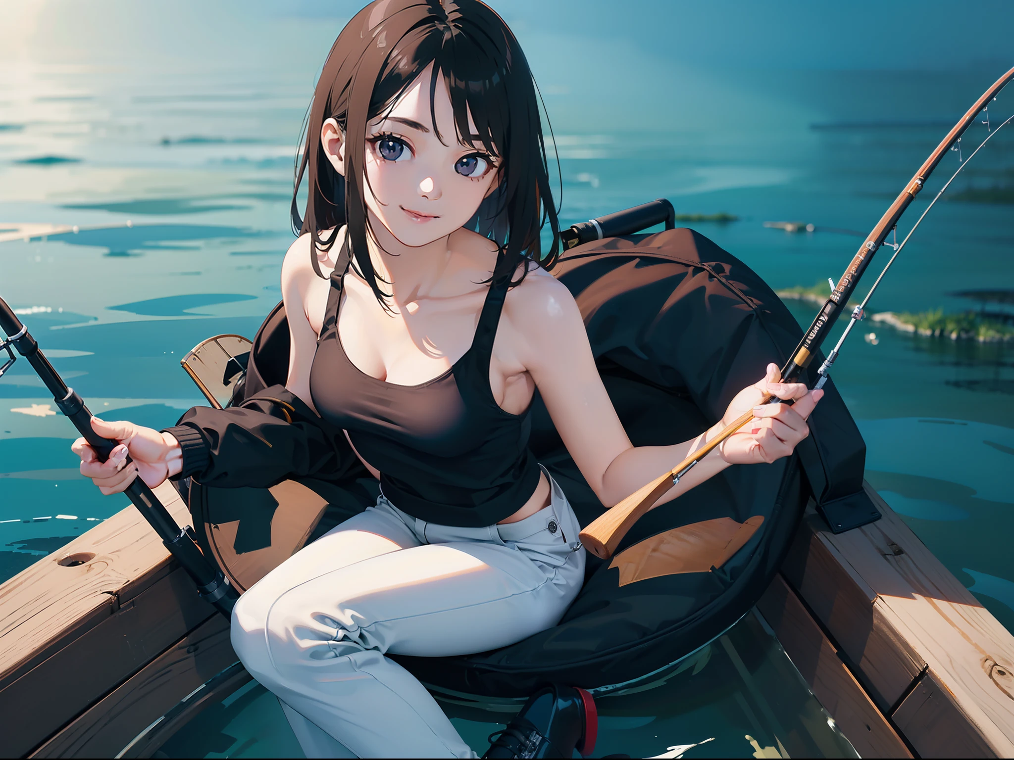 (((Having a fishing rod by the lake))),((Best quality, 8k, Masterpiece :1.3))black hair, longeyelashes, solid circle eyes, light smile, drop shadow, atmospheric perspective, 8k, super detail, ccurate, best quality, small breasts,black jacket, Black Tank Top ,white_pants,
