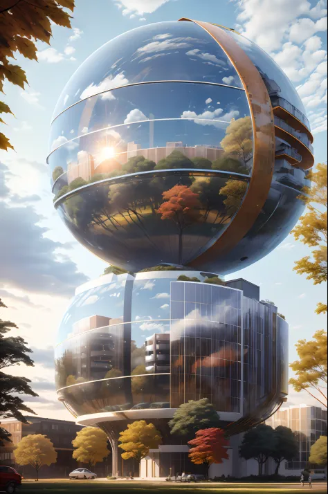 high solar energy technology, modern architecture, scientific home, semi-spherical exterior home, metallic, forest, daylight, sk...