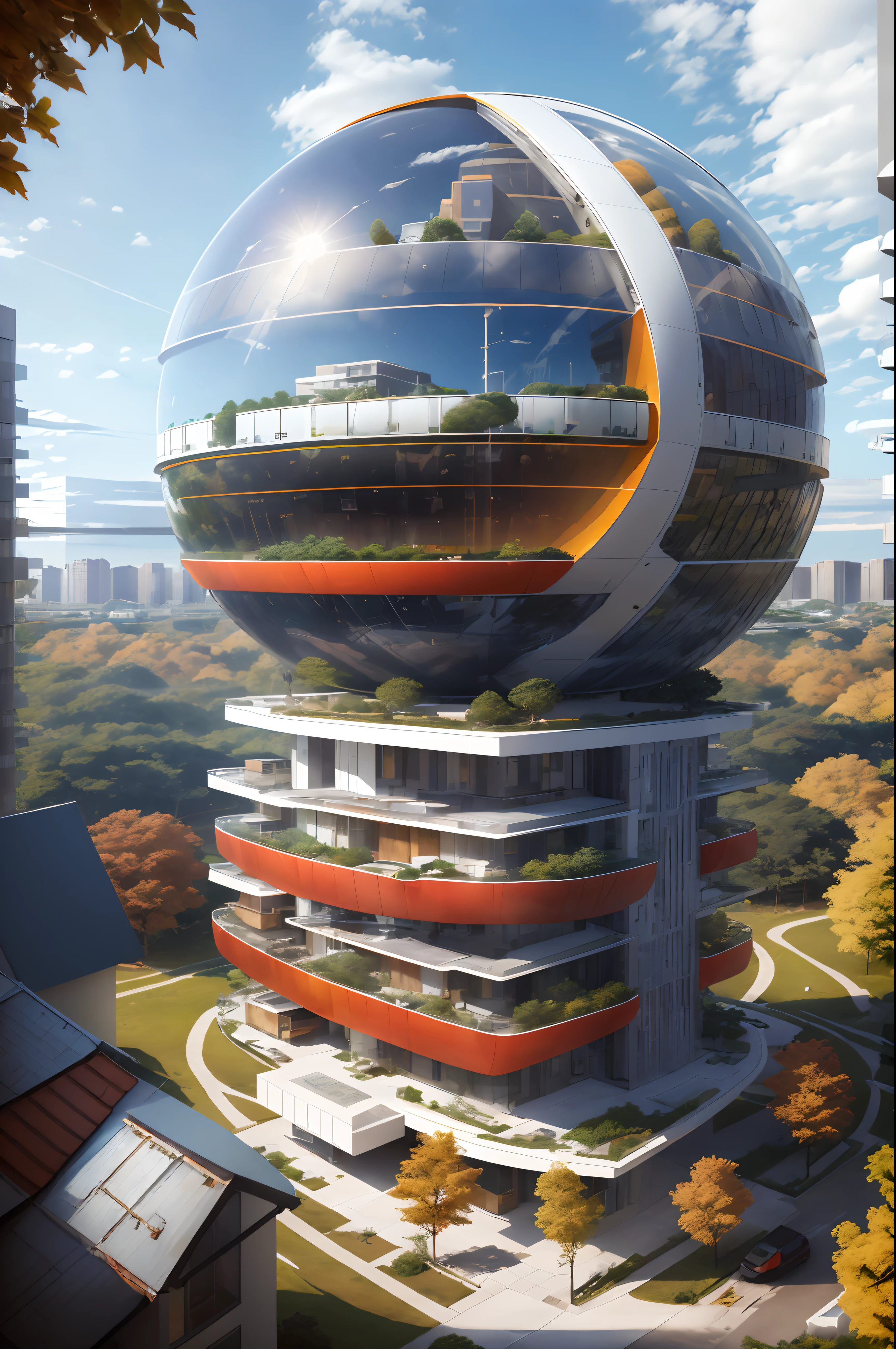 high solar energy technology, modern architecture, scientific home, semi-spherical exterior home, metallic, forest, daylight, sky, white cloud, realistic, futuristic, 8K, masterpiece, best quality, high resolution, extremely full detailed,