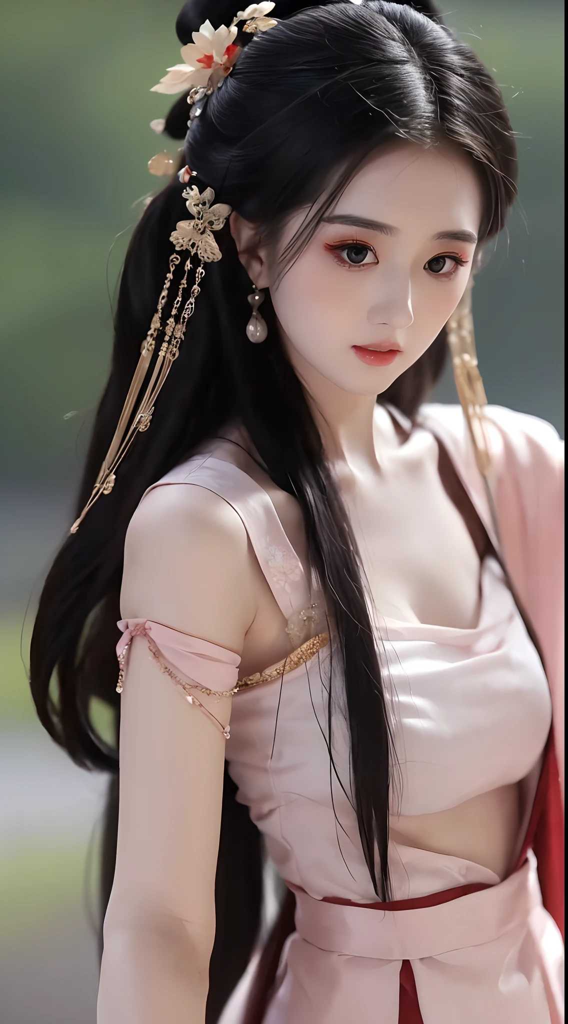 1 beautiful girl, long black hair, black eyes, Ancient Chinese style bun, wearing a thin silk shirt of ancient China, appears shoulders and head in the photo, (pout, embarrassed, small face makeup detailed and very beautiful, Enlarged breasts, regular round breasts, breast augmentation, balanced breasts, big , blush, from front, from above, looking at viewer, upturned eyes, cleavage, masterpiece, top quality, best quality, official art, unity 8k wallpaper, highres, ultra-high res, ultra-detailed, (photorealistic:1.2), alone, solo, Only 1 girl, style hanfu Dunhuang,