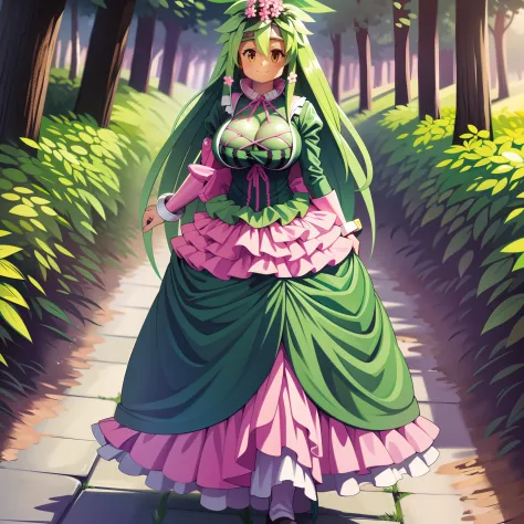 kanna blaster master, flora fauna, female,, huge chest, full clothed dress, walking, full body, smile, long hair