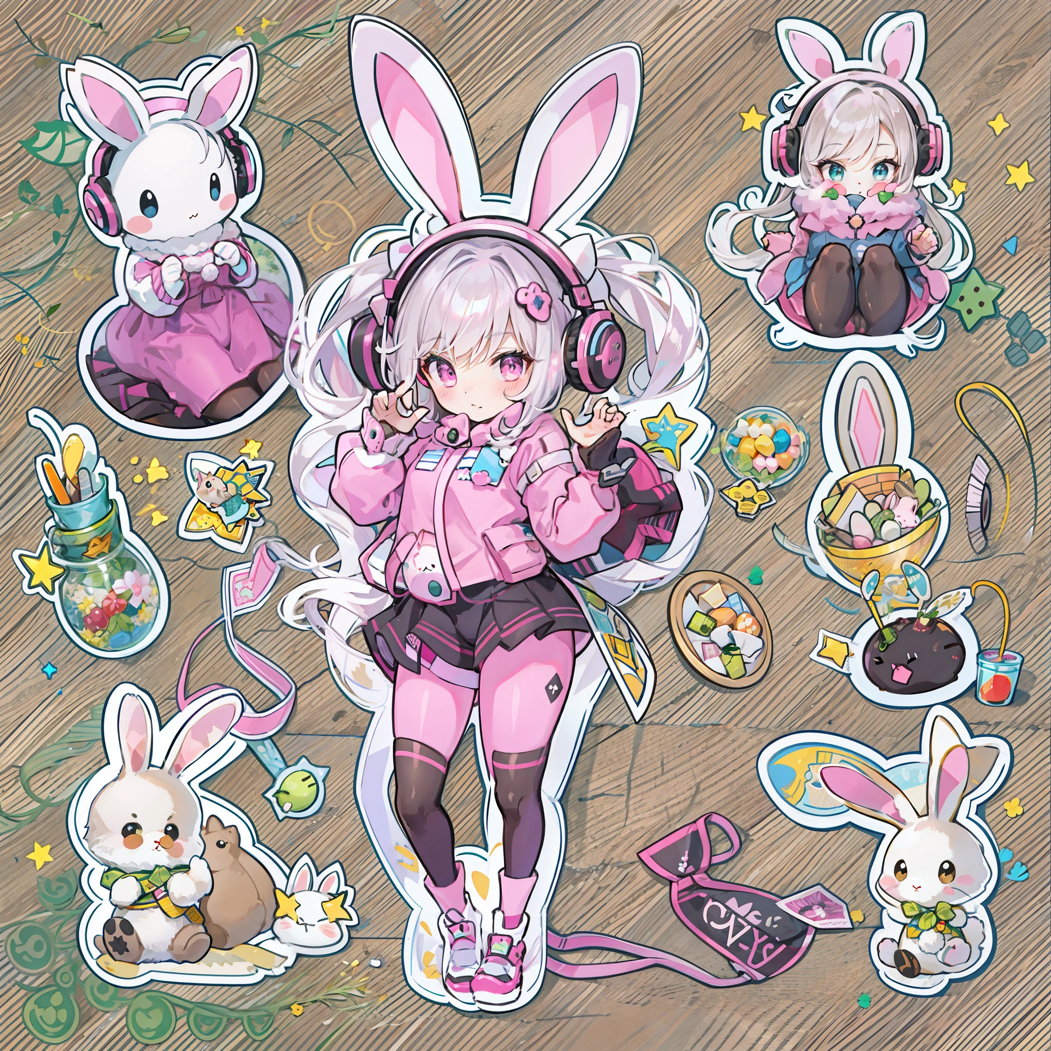 sticker illustration, alice \(nikke\), pink bodysuit animal ear headphones shiny clothes twintails latex bodysuit,bunny pose,cute decoration with bunny items,