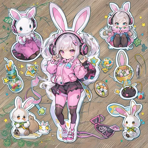 sticker illustration, alice \(nikke\), pink bodysuit animal ear headphones shiny clothes twintails latex bodysuit,bunny pose,cut...