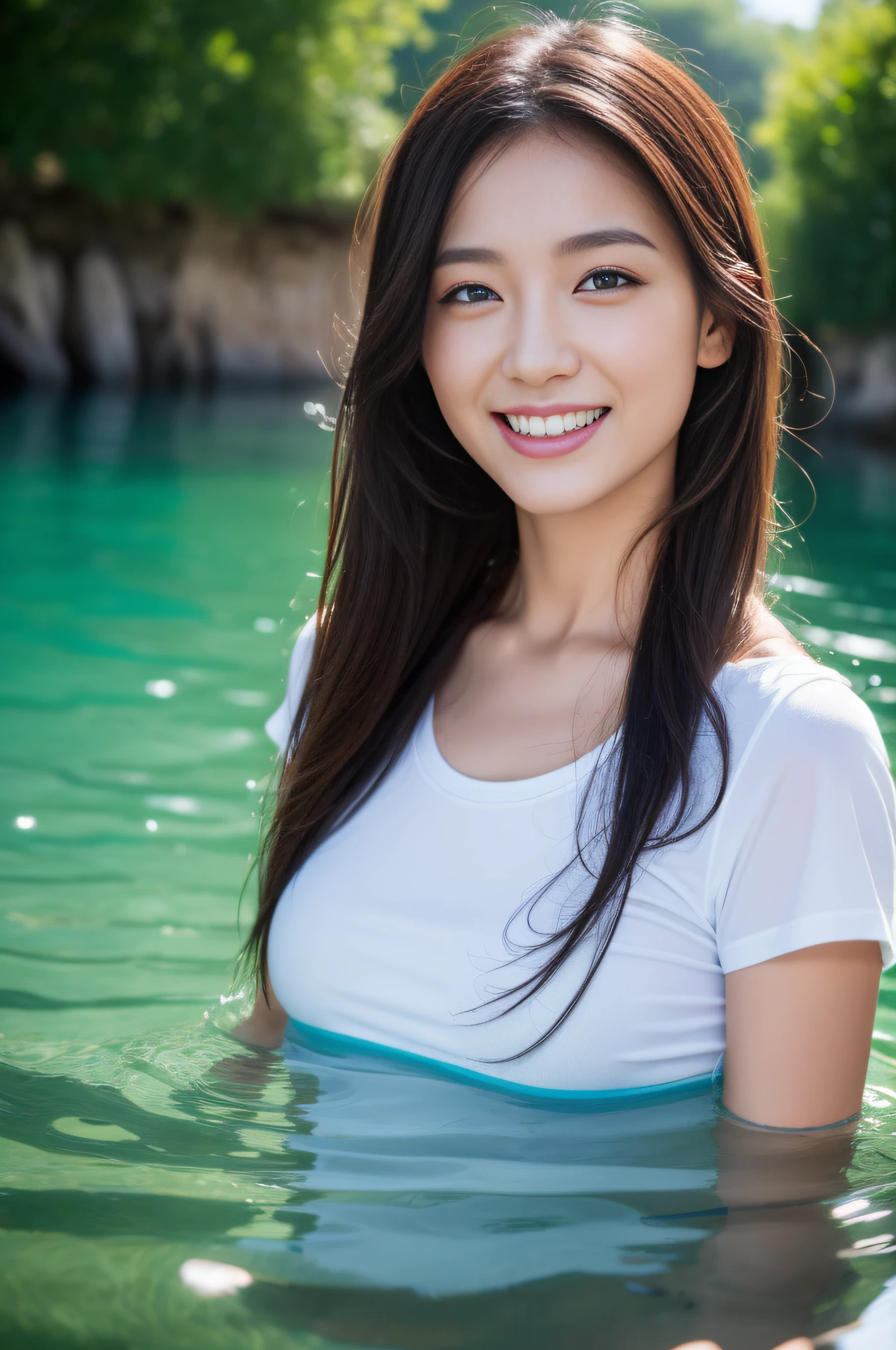 (top-quality、8k、​masterpiece、UHD)、 A girl is half of her body in the water,  Wet T-shirt, Happy look.