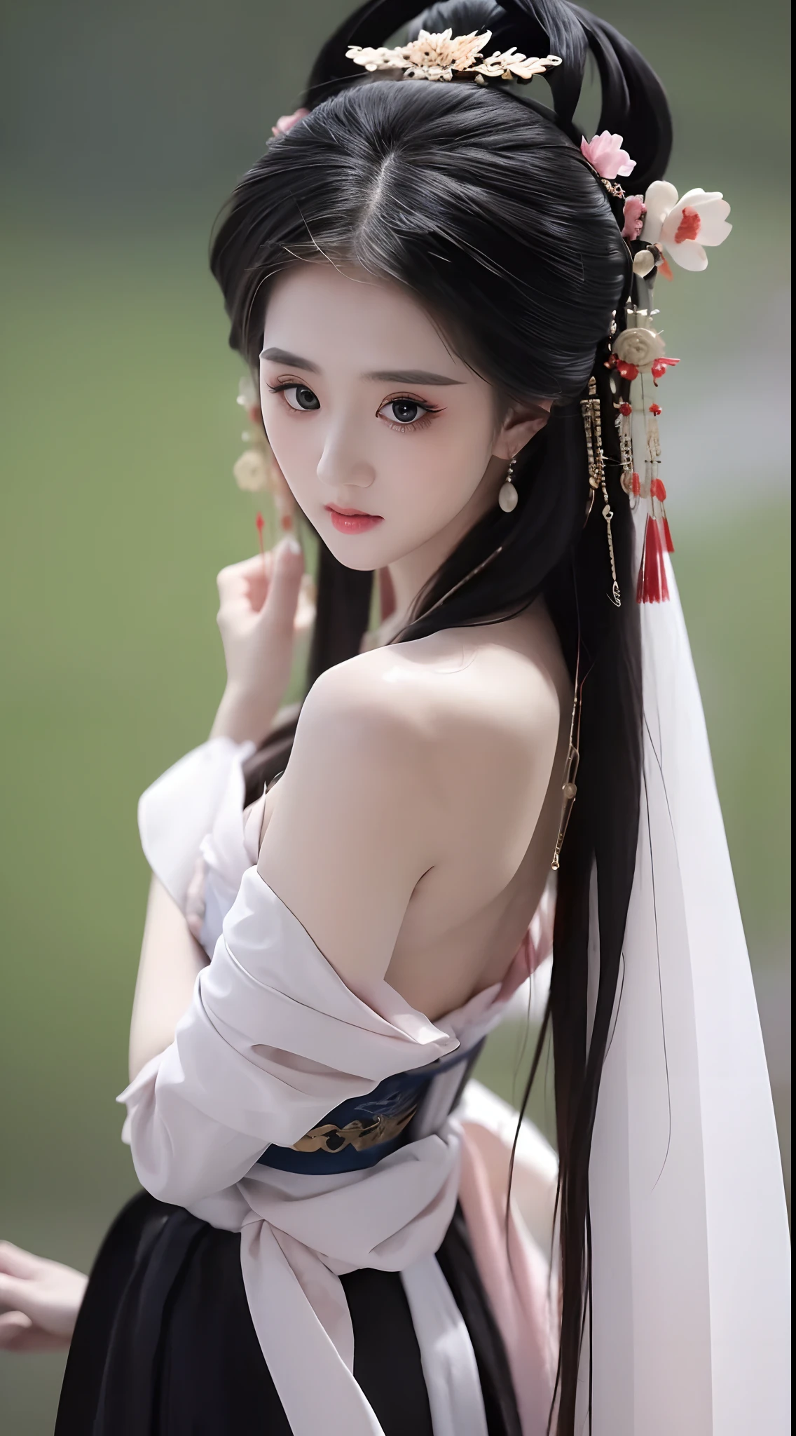 1 beautiful girl, long black hair, black eyes, Ancient Chinese style bun, wearing a thin silk shirt of ancient China, appears shoulders and head in the photo, (pout, embarrassed, small face makeup detailed and very beautiful, Enlarged breasts, regular round breasts, breast augmentation, balanced breasts, big , blush, from front, from above, looking at viewer, upturned eyes, masterpiece, top quality, best quality, official art, unity 8k wallpaper, highres, ultra-high res, ultra-detailed, (photorealistic:1.2), alone, solo, Only 1 girl, style hanfu Dunhuang,