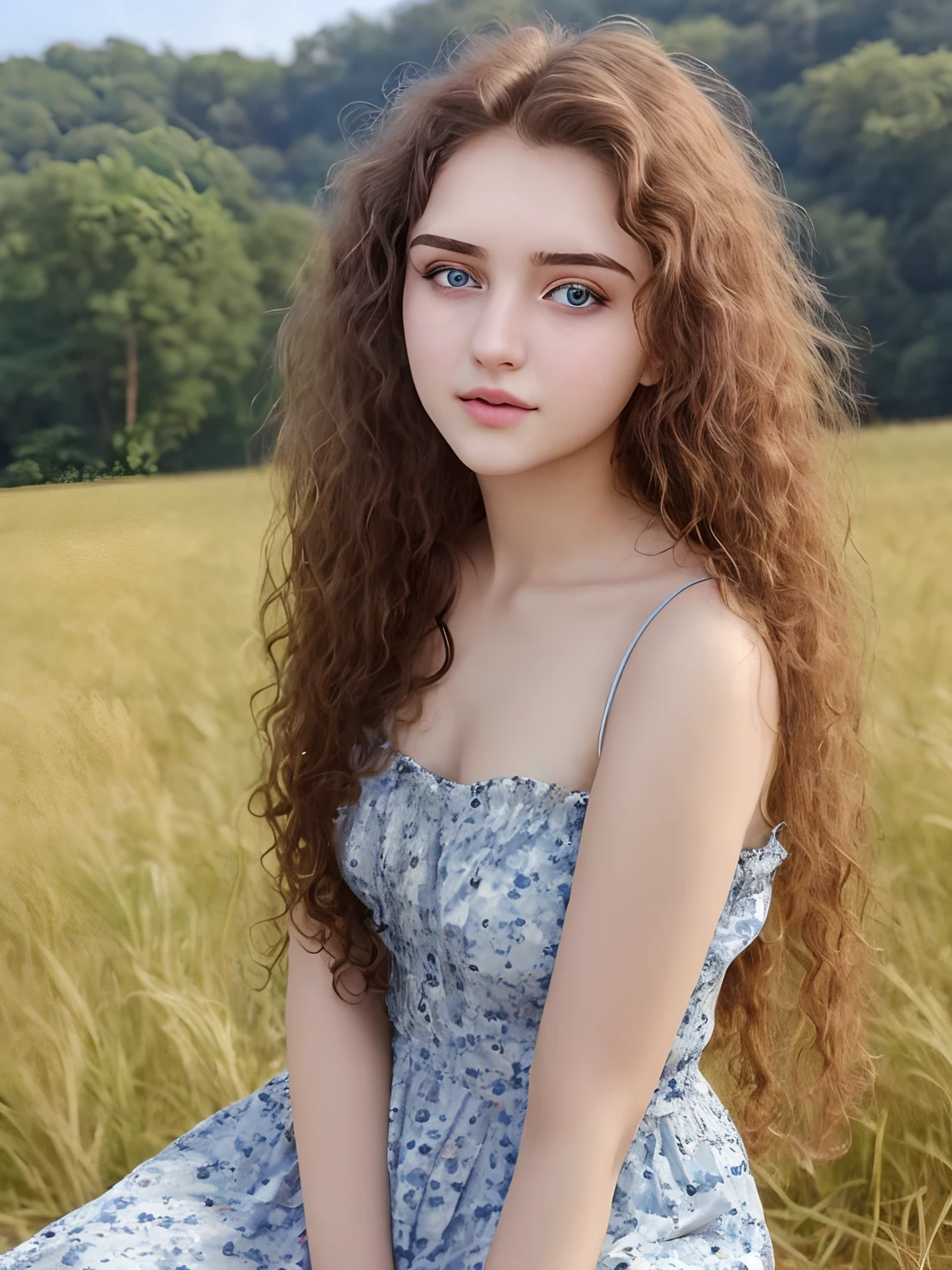 A 21 years old girl Face , in straight noise, big eye , thin lips , long curly hair, blue eyes, attractive figure, every detail of face , country side background