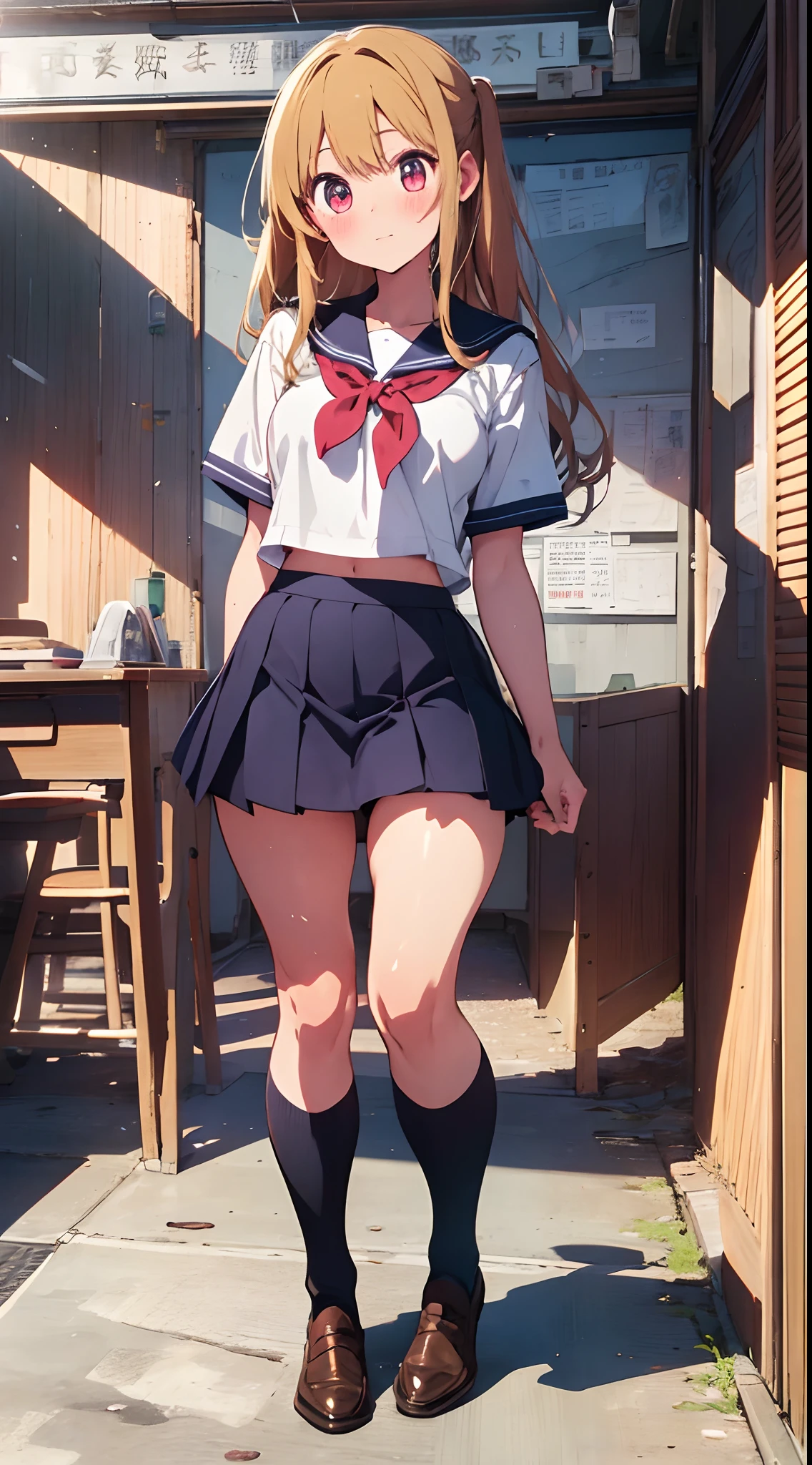 The main girl is beautiful and cute, "neat and bright slope school uniform coordination", full body, full body illustration, best illustration, realistic and elaborate uniform, high , elementary school student, ((highest quality)), ((masterpiece)), (detail: 1.4), anatomical, award-winning concept art, beautiful, fine details, portrait, look at the viewer, (show full body)), 1 girl, full body, solo, 6 years old, Schoolchildren,  actors, golden hair, blonde, semi-long hair, red and pink eyes, big eyes, the pupil of the left eye is star-shaped, Characteristic left eye pupil, left eye pupil clear, left eye pupil detailed, cute underwear, panties, skirt, silk panties, wet shirt, wet clothes, skirt lift, blush, classroom, navel out, clothes lift, easy background, lifting clothes, white shirt, uniform, blazer, Japan cute uniform, look away, short sleeves, loli, elementary school, main girl is beautiful and cute, , baby face, cute, young, young, young, young appearance, fantastic visual depiction, professional effect, beautiful girl,  girl, sweaty transparent clothes, unevenness, absurdity, unevenness, uniform is the oldest girls' school Japan based on Christianity along with the girls' academy, Very cute in traditional uniform", "Very cute sailor suit for both summer and winter clothes", heel-up loafers, golden hair, the main girl is beautiful and cute