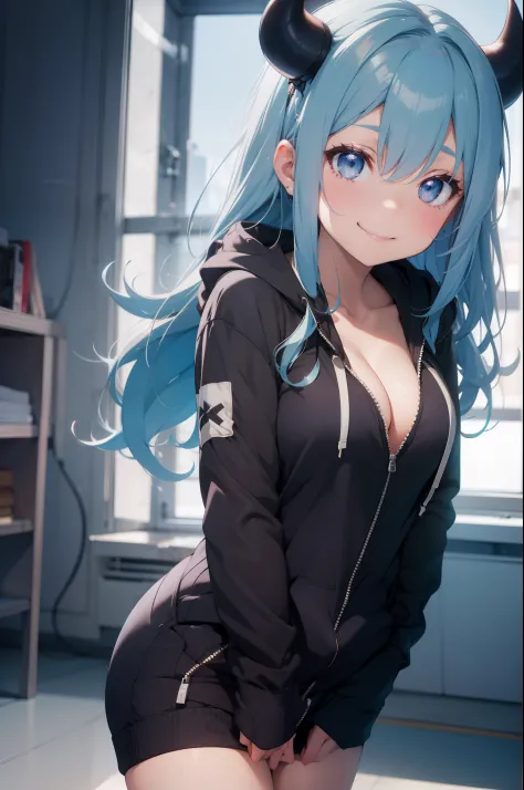 cute chubby girl, 24 years old, long hair, erotic smile, leg shot, hands in pocket, (zip up hoodie:1.2), oversized hoodie, cleavage, bottomless, (no-bra:1.1),  light blue hair, demon horns, blush, Nikon, 85mm, dutch angle, UHD, from back