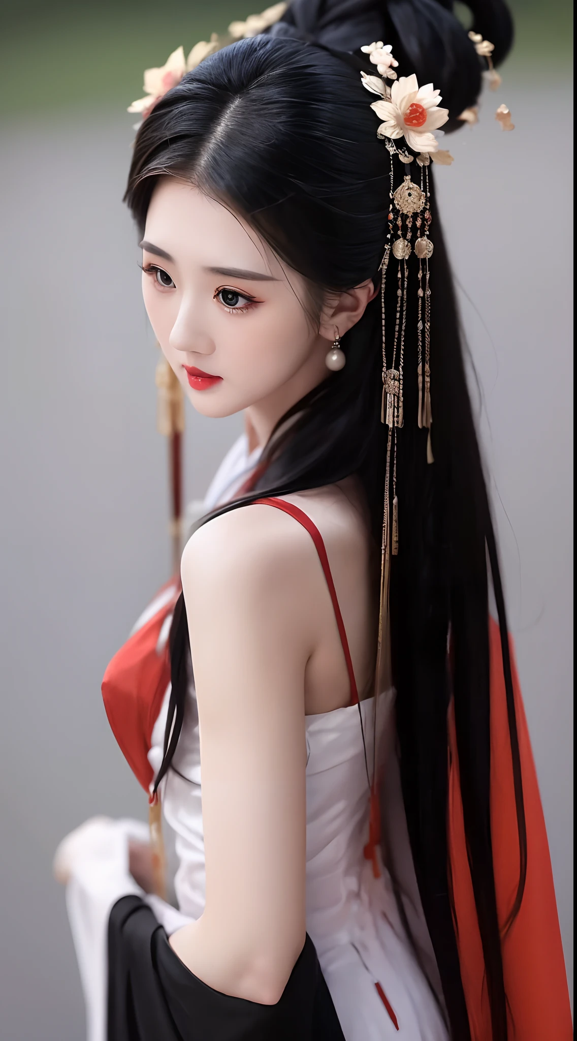 1 beautiful girl, long black hair, black eyes, Ancient Chinese style bun, wearing a thin silk shirt of ancient China, appears shoulders and head in the photo, 
plump red lips, pout, mouth shut, embarrassed, small face makeup detailed and very beautiful, Enlarged breasts, regular round breasts, breast augmentation, balanced breasts, big , blush, from front, from above, looking at viewer, upturned eyes, masterpiece, top quality, best quality, official art, unity 8k wallpaper, highres, ultra-high res, ultra-detailed, (photorealistic:1.2), alone, solo, Only 1 girl, style hanfu Dunhuang,