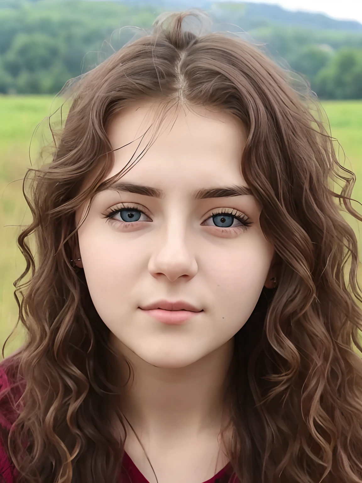 A 21 years old girl Face , in straight noise, big eye , thin lips , long curly hair, blue eyes, big , every detail of face , country side background,