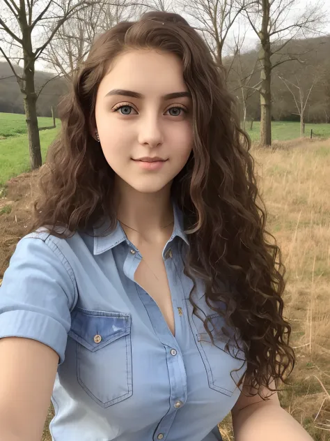 A 21 years old girl Face , in straight noise, big eye , thin lips , long curly hair, blue eyes, big tits, every detail of face , country side background,