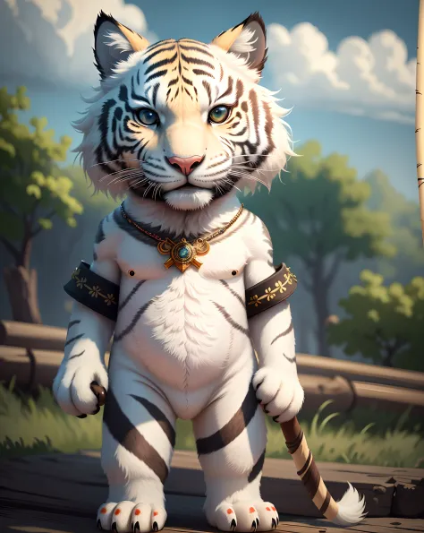 Masterpieces of cute creatures, Very detailed, anthropomorphic, Bastard Siberian tiger, Holding a stick, Wearing a white lab coa...