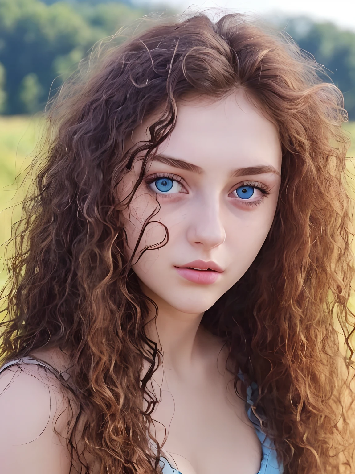 Una chica de 21 años Cara , en ruido directo, ojo grande , Labios delgados , pelo largo y rizado, blue eyes, figura atractiva, cada detalle de la cara , fondo del campo