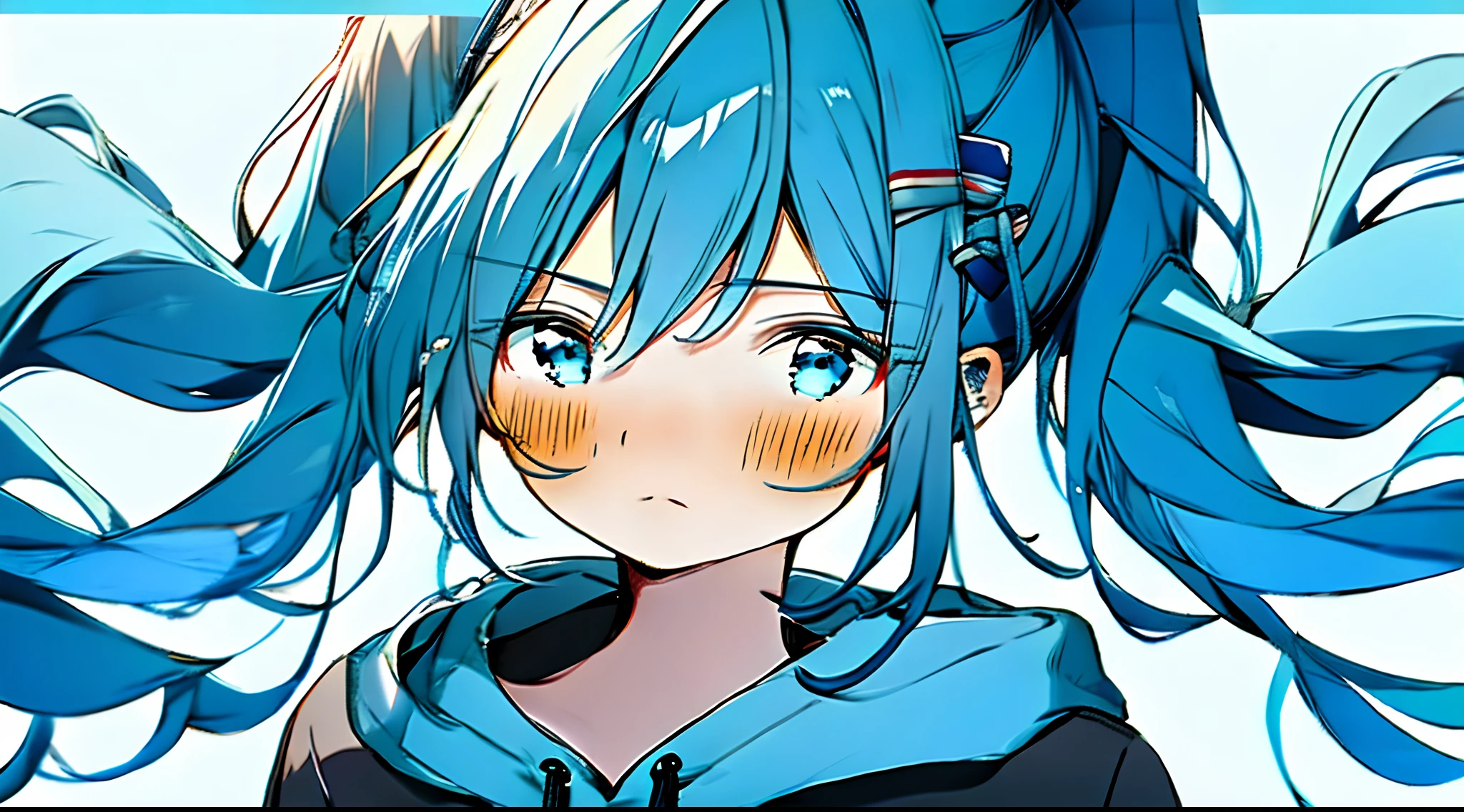 shouhui, 1girl, ahoge, blue eyes, blue hair, blush, closed mouth, dot nose, drawstring, expressionless, grey background, hood, hood down, hoodie, light blue hair, long hair, looking at viewer, simple background, solo, twintails, upper body, white background, white hoodie, hatsune miku, bangs, portrait, blue theme, blinds