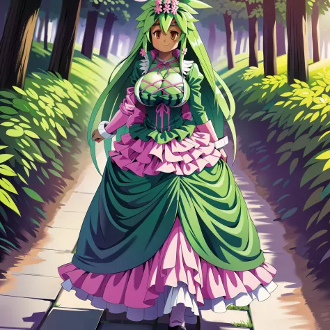 kanna blaster master, flora fauna, female,, huge chest, full clothed dress, walking, full body, smile, long hair