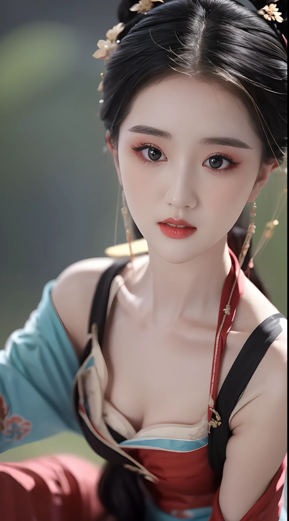 1 belle fille, longs cheveux noirs, Yeux noirs, Chignon de style chinois ancien, portant une fine chemise en soie de la Chine ancienne, apparaît les épaules et la tête sur la photo, Lèvres rouges charnues, moue, bouche fermée, gêné, petit maquillage du visage détaillé et très beau, Augmentation mammaire, ((gros seins blum:1.2)), rougir, de face, d&#39;en haut, regarder le spectateur, les yeux levés, chef-d&#39;œuvre, qualité supérieure, Meilleure qualité, art officiel, unité 8k fond d&#39;écran, haute résolution, ultra haute résolution, ultra-détaillé, (Photoréaliste:1.2), seul, seulement, seulement 1 fille, style hanfu Dunhuang,