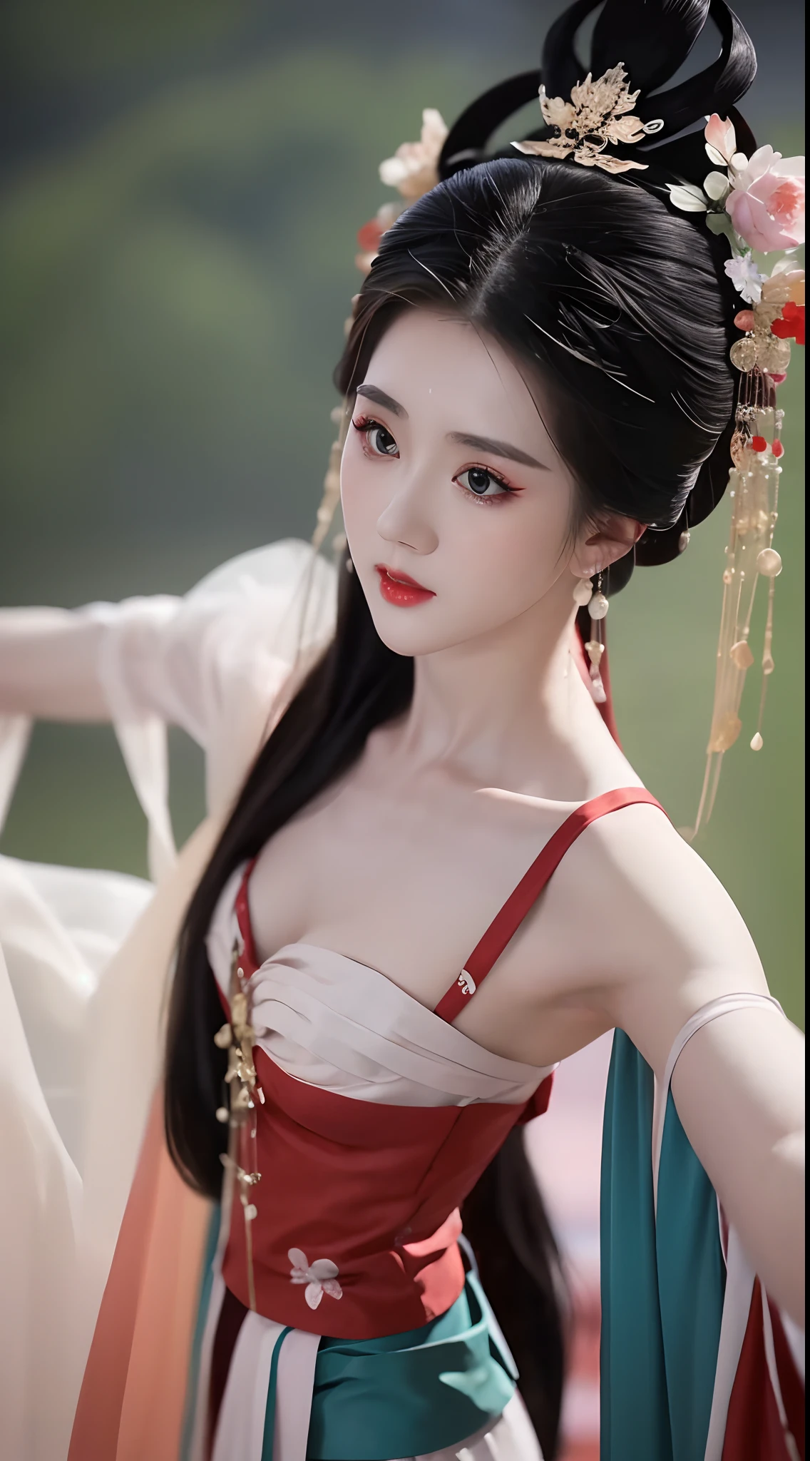 1 belle fille, longs cheveux noirs, Yeux noirs, Chignon de style chinois ancien, portant une fine chemise en soie de la Chine ancienne, apparaît les épaules et la tête sur la photo, Lèvres rouges charnues, moue, bouche fermée, gêné, petit maquillage du visage détaillé et très beau, Augmentation mammaire, ((gros seins blum:1.2)), rougir, de face, d&#39;en haut, regarder le spectateur, les yeux levés, chef-d&#39;œuvre, qualité supérieure, Meilleure qualité, art officiel, unité 8k fond d&#39;écran, haute résolution, ultra haute résolution, ultra-détaillé, (Photoréaliste:1.2), seul, seulement, seulement 1 fille, style hanfu Dunhuang,