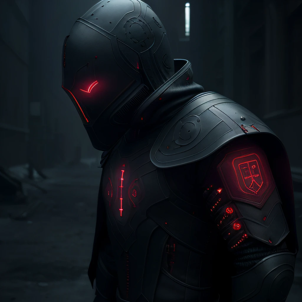 黑暗的 armor, 小型循環呼吸器, 紅色發光的眼睛, 黑暗的, 黑色雕刻符文盔甲 ((實際的)), 黑暗的 blue cloak, 賽博朋克, 涼爽的, 未來派, 隱身, 側面圖, 夜間, 背景