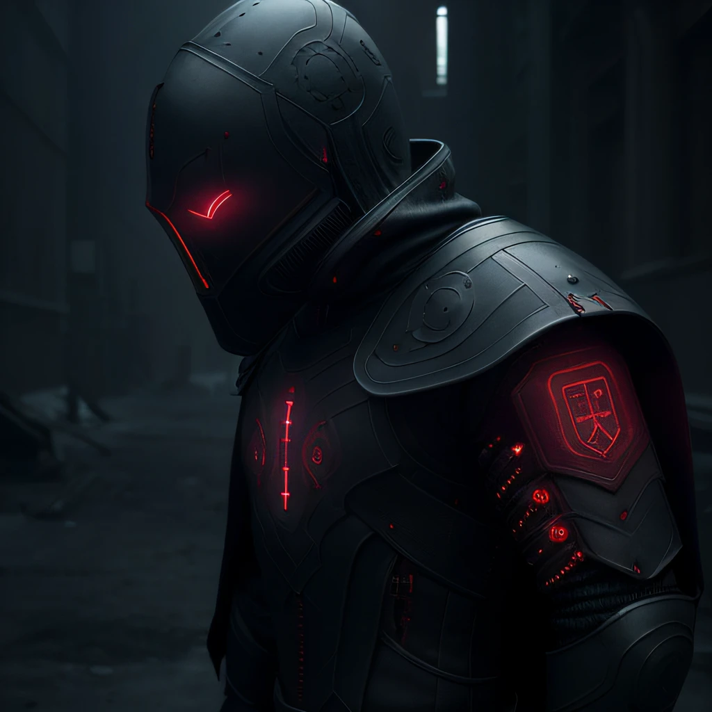 dunkel armor, kleiner Rebreather, rot leuchtende Augen, dunkel, schwarze Rüstung mit geschnitzten Runen ((Realistisch)), dunkel blue cloak, cyberpunk, Cool, futuristisch, Heimlichkeit, Seitenansicht, Nachtzeit, Hintergrund