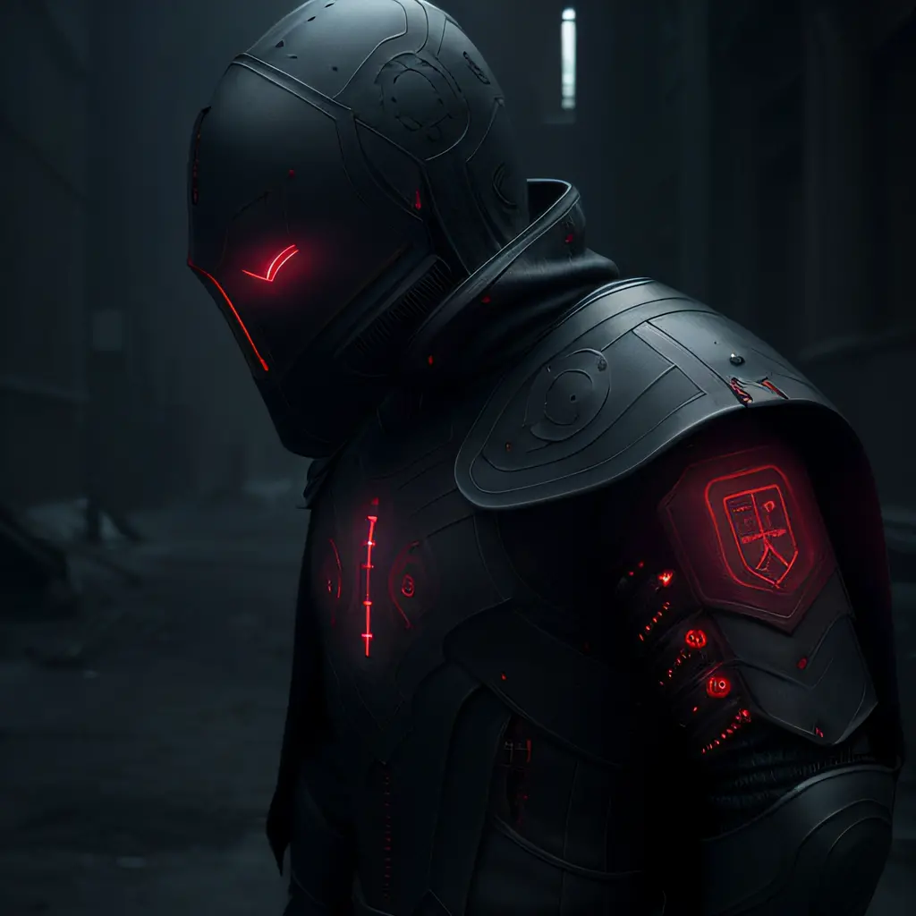 dark armor, small rebreather, red glowing eyes, dark, black carved rune armor ((realistic)), dark blue cloak, cyberpunk, cool, f...