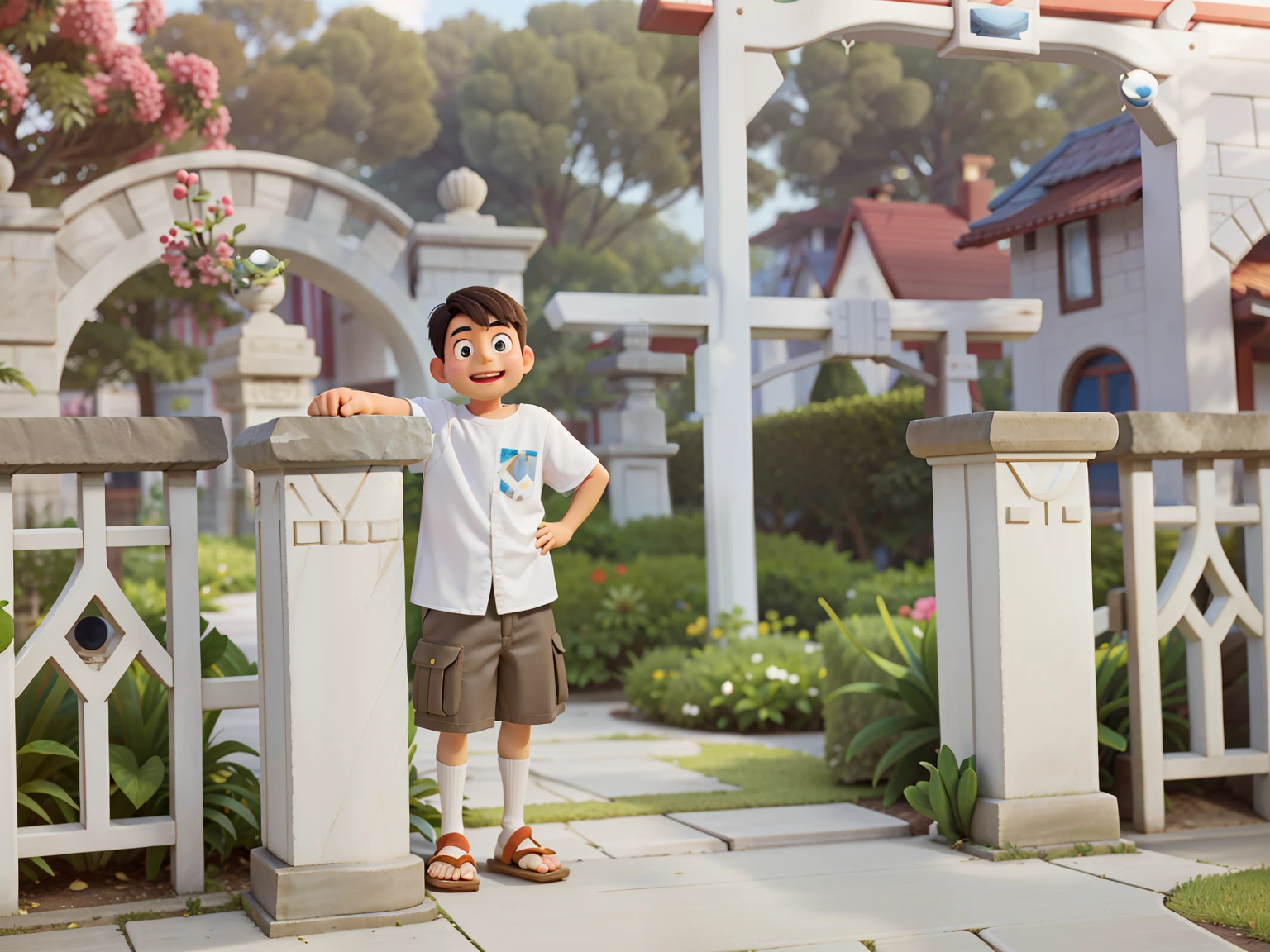 tmasterpiece， High quality, the best quality，ssmile，In front of the park stands a young Asian boy, Delicate facial features，Wears a white short-sleeved shirt，Stockings，sandals，The left hand rests on the stone pillar，The right hand crosses the waist，standing astride a gate, age 5, foto antiga, full body pov，Sharp focus，taken in the late 1980s，old color photo，pixar-style，CG，Cartoony，Film light and shadow，8K，tmasterpiece：1.5，perfect  detail，