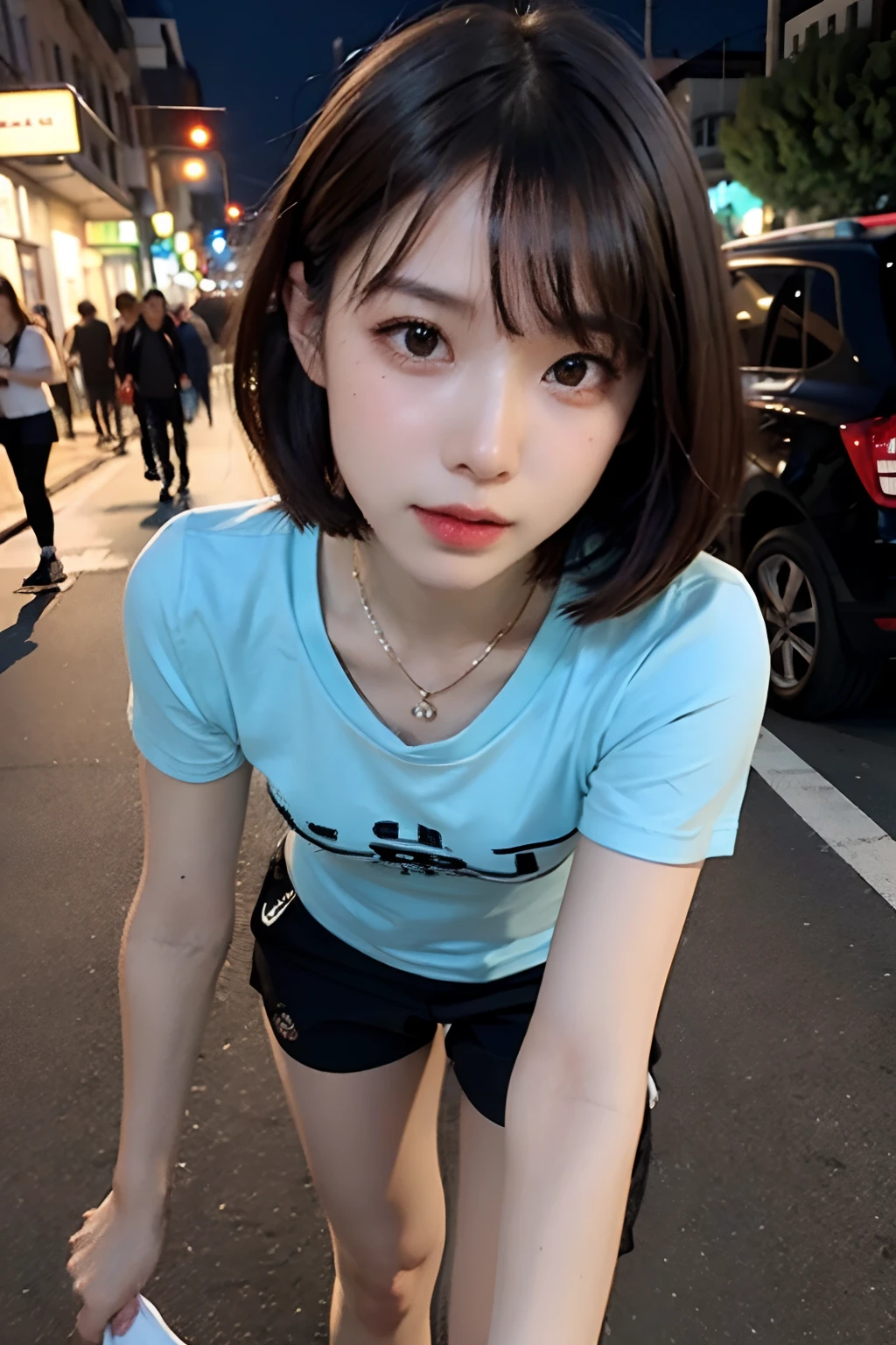top-quality、​masterpiece、超A high resolution、(realisitic:1.4)、the panorama、portlate、Very wide lens、a closeup、Beautiful adult woman、Beautiful detail eyes and skin、ssmile、Light brown short-cut hair、Small necklace、Dark short sleeve T-shirt、Training shorts、city street at night、Nights with few people、Walking、