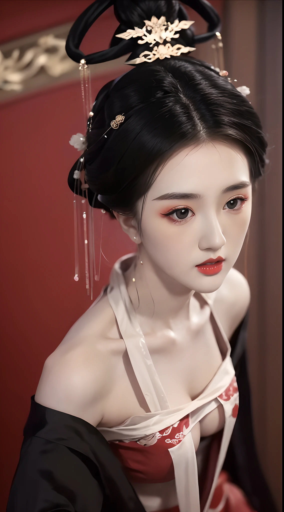 1 belle fille, longs cheveux noirs, Yeux noirs, Chignon de style chinois ancien, portant une fine chemise en soie de la Chine ancienne, apparaît les épaules et la tête sur la photo, Lèvres rouges charnues, moue, bouche fermée, gêné, petit maquillage du visage détaillé et très beau, Augmentation mammaire, ((gros seins blum:1.2)), rougir, de face, d&#39;en haut, regarder le spectateur, les yeux levés, chef-d&#39;œuvre, qualité supérieure, Meilleure qualité, art officiel, unité 8k fond d&#39;écran, haute résolution, ultra haute résolution, ultra-détaillé, (Photoréaliste:1.2), seul, seulement, seulement 1 fille, style hanfu Dunhuang,