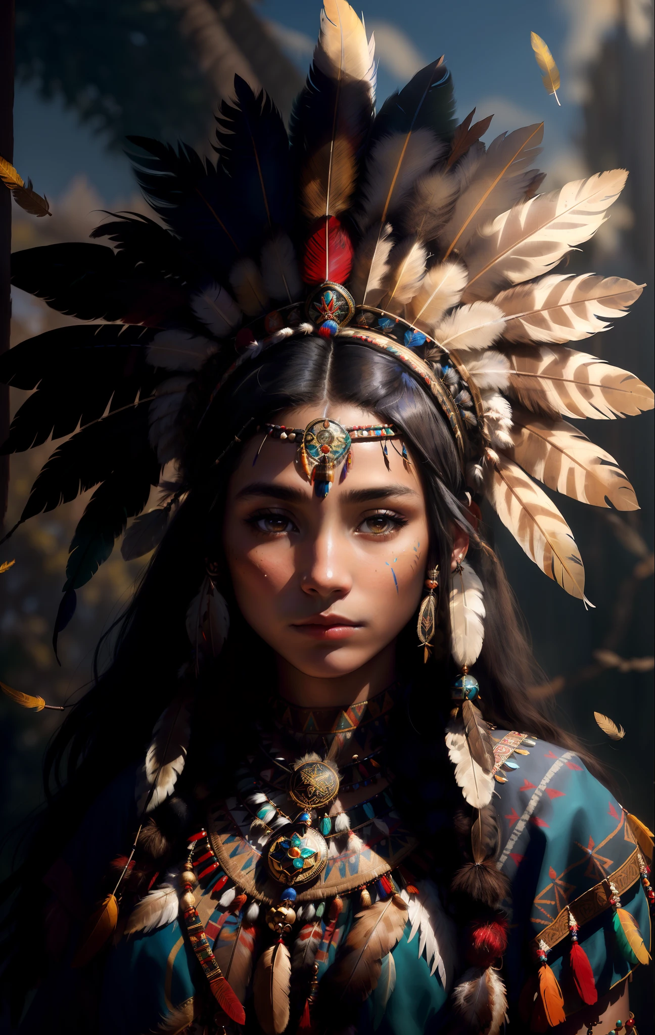 arafed woman with feathers and feathers on her head, beautiful young female shaman, she is dressed in shaman clothes, a young female shaman, aztec princess portrait, : native american shamen fantasy, portrait of a young pocahontas, wearing crown of bright feathers, girl with feathers, portrait of pocahontas, native american, portrait shot