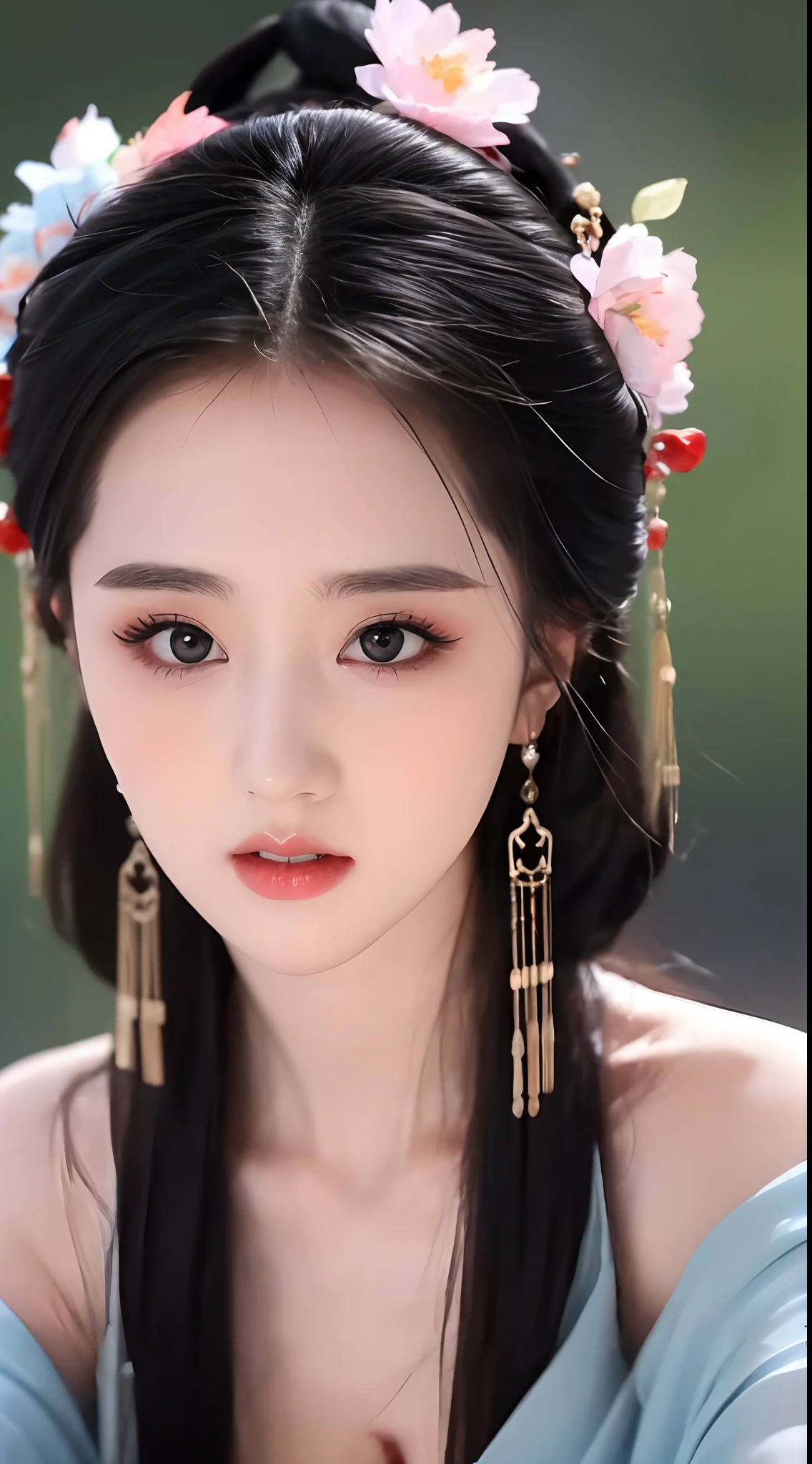 1 belle fille, longs cheveux noirs, Yeux noirs, Chignon de style chinois ancien, portant une fine chemise en soie de la Chine ancienne, apparaît les épaules et la tête sur la photo, Lèvres rouges charnues, moue, bouche fermée, gêné, petit maquillage du visage détaillé et très beau, Augmentation mammaire, ((gros seins blum:1.2)), rougir, de face, porter des boucles d&#39;oreilles, colliers, d&#39;en haut, regarder le spectateur, les yeux levés, chef-d&#39;œuvre, qualité supérieure, Meilleure qualité, art officiel, unité 8k fond d&#39;écran, haute résolution, ultra haute résolution, ultra-détaillé, (Photoréaliste:1.2), seul, seulement, seulement 1 fille, style hanfu Dunhuang,