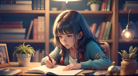Desenhar anime - menina alegre lendo e estudando um livro em um quarto, sobre uma escrivaninha com vaso e plantas, 1 nearby lamp...
