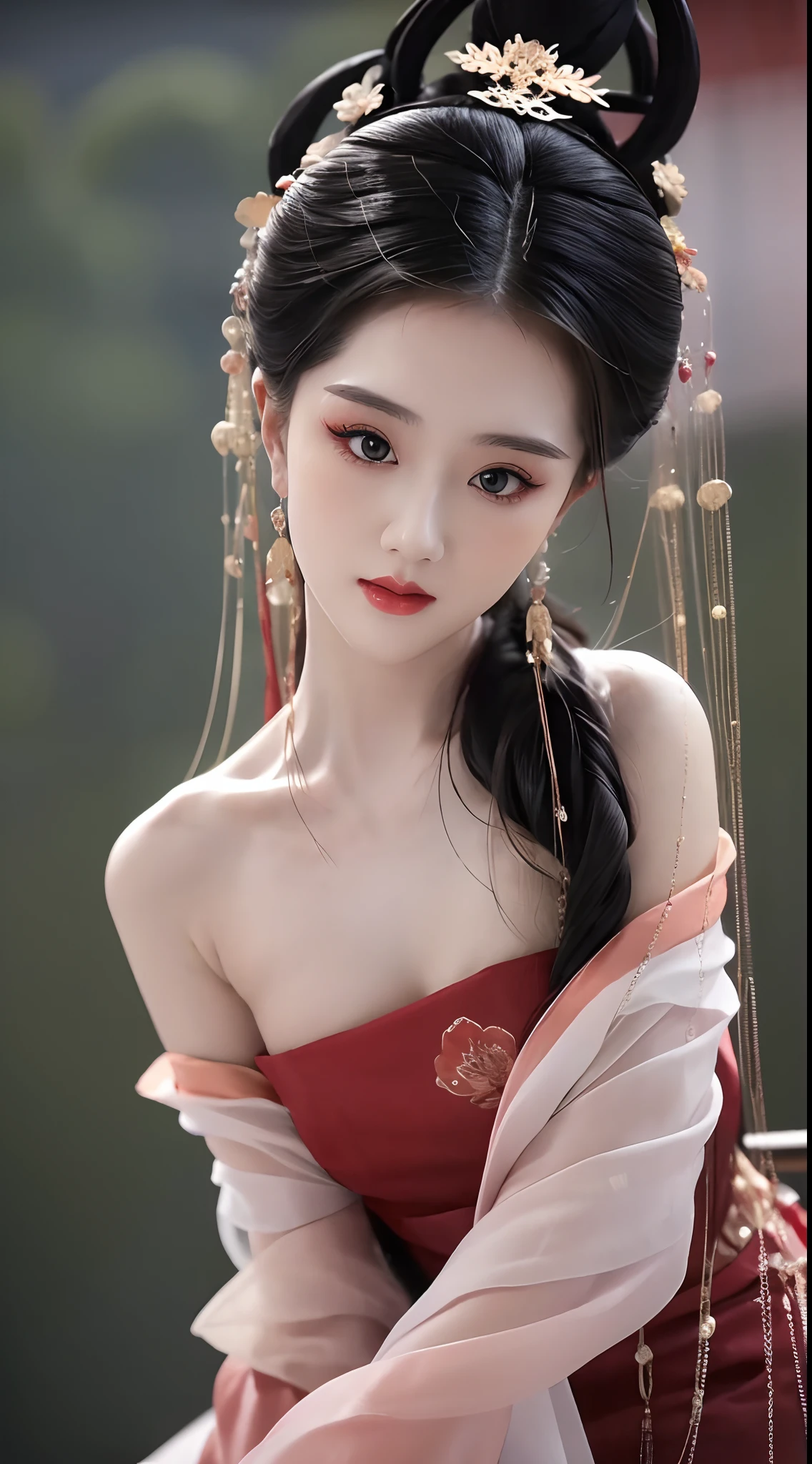 1 belle fille, longs cheveux noirs, Yeux noirs, Chignon de style chinois ancien, portant une fine chemise en soie de la Chine ancienne, apparaît les épaules et la tête sur la photo, Lèvres rouges charnues, moue, bouche fermée, gêné, petit maquillage du visage détaillé et très beau, Augmentation mammaire, ((gros seins blum:1.2)), rougir, de face, porter des boucles d&#39;oreilles, colliers, d&#39;en haut, regarder le spectateur, les yeux levés, chef-d&#39;œuvre, qualité supérieure, Meilleure qualité, art officiel, unité 8k fond d&#39;écran, haute résolution, ultra haute résolution, ultra-détaillé, (Photoréaliste:1.2), seul, seulement, seulement 1 fille, style hanfu Dunhuang,